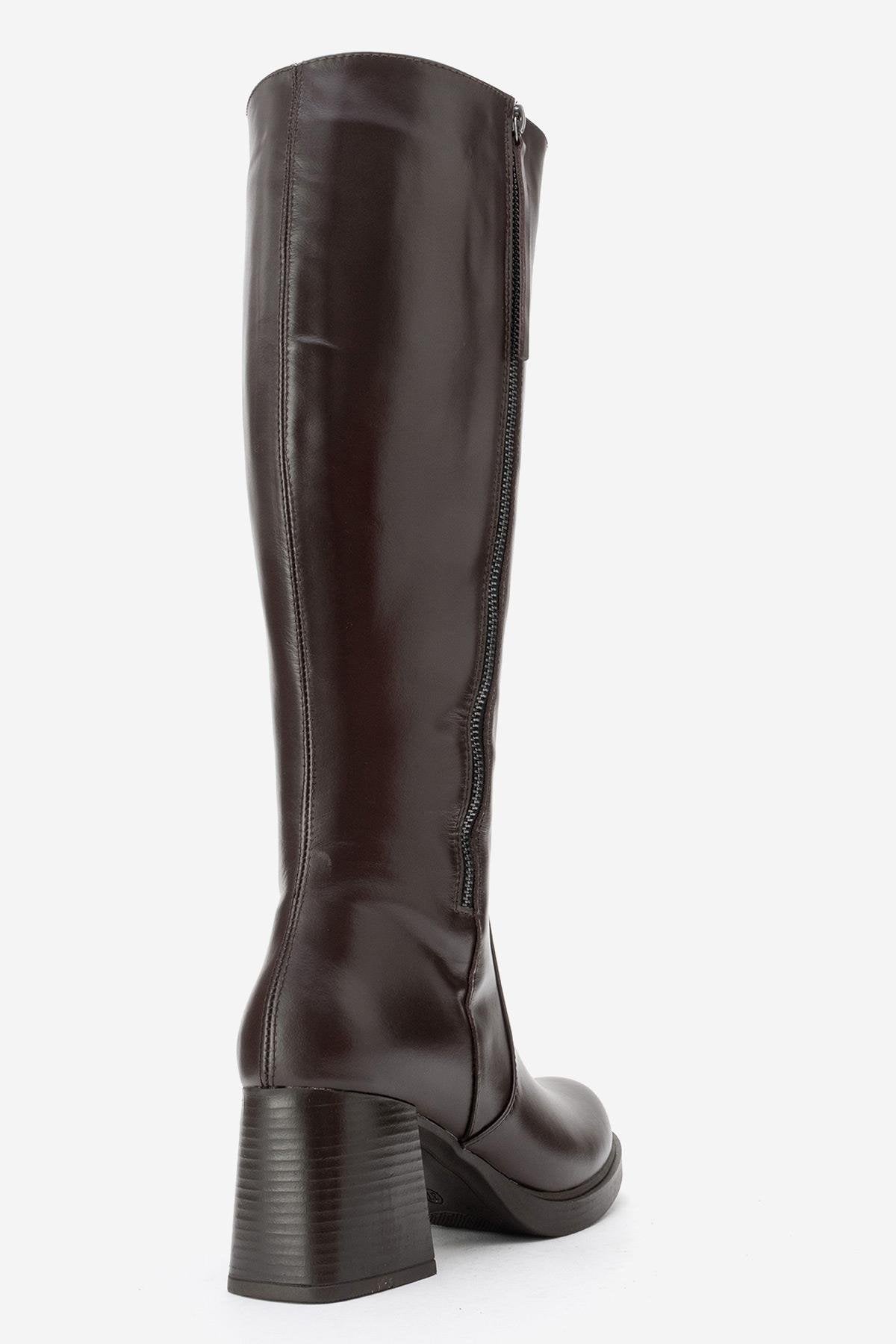 LENSA - Brown Genuine Leather Block Heel Knee-High Boot – back view showing leather, Vowalisse