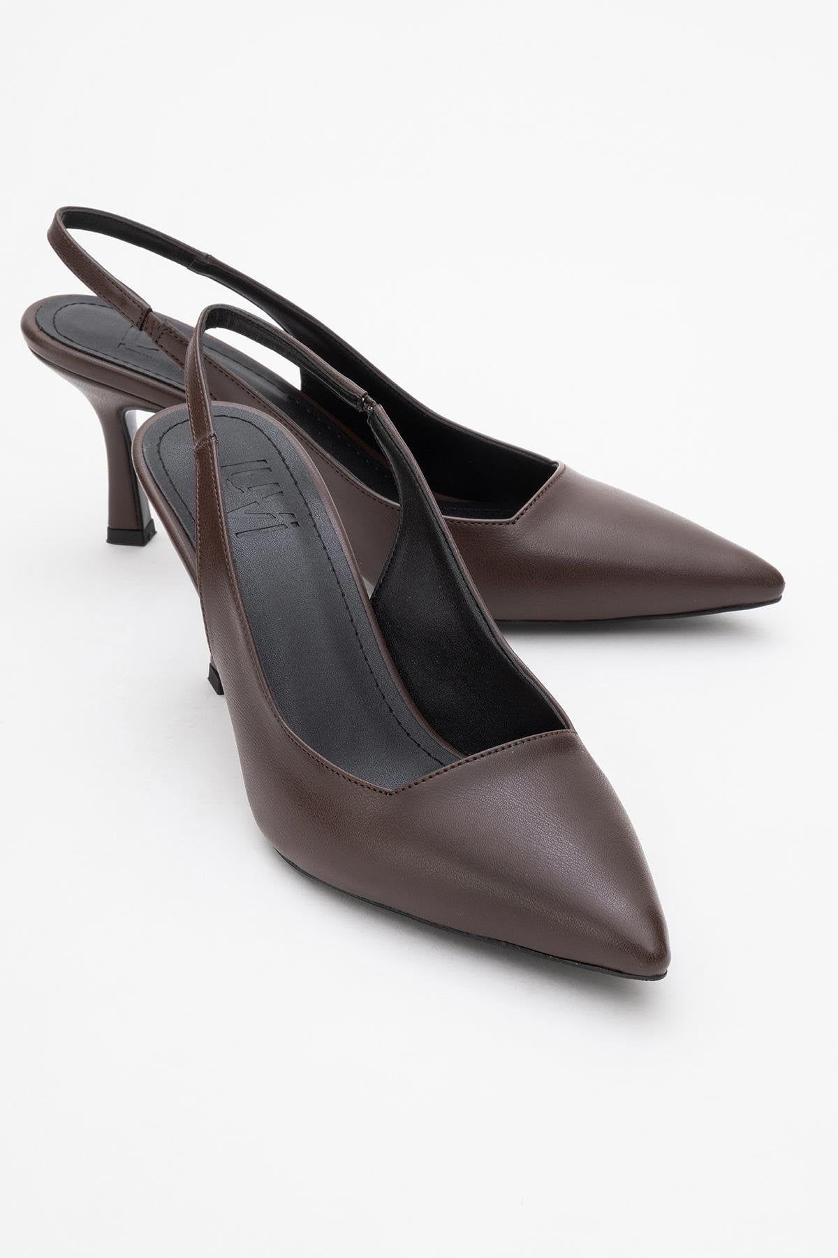 Flem - Mocha Pointed Toe Backless Stiletto Pump – front three-quarter view showing leather, Vowalisse