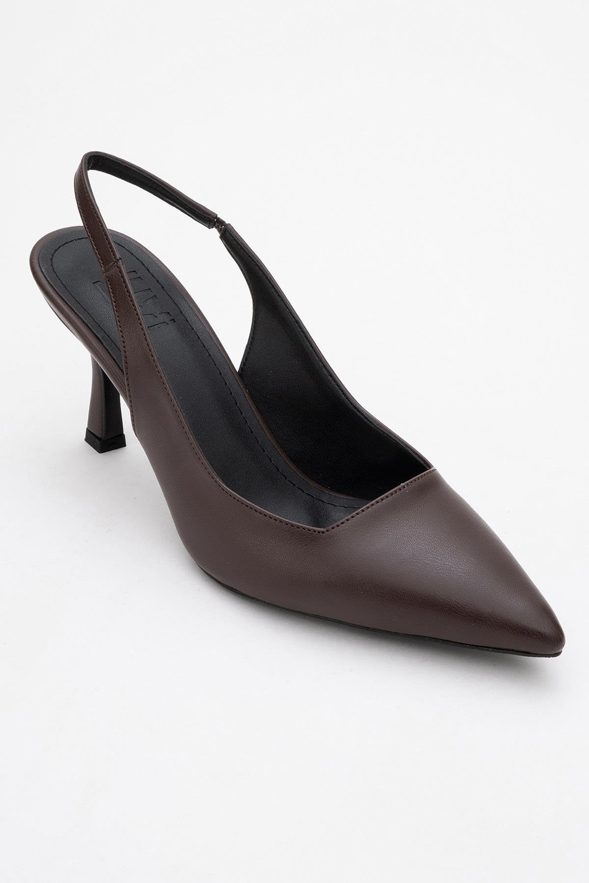 Flem - Mocha Pointed Toe Backless Stiletto Pump – detail view showing leather, Vowalisse