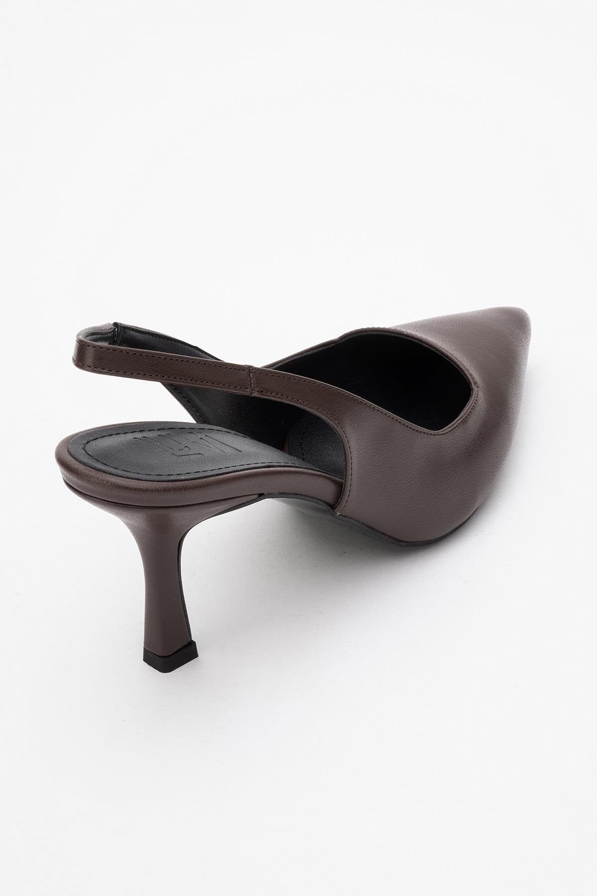Flem - Mocha Pointed Toe Backless Stiletto Pump – heel view showing leather, Vowalisse