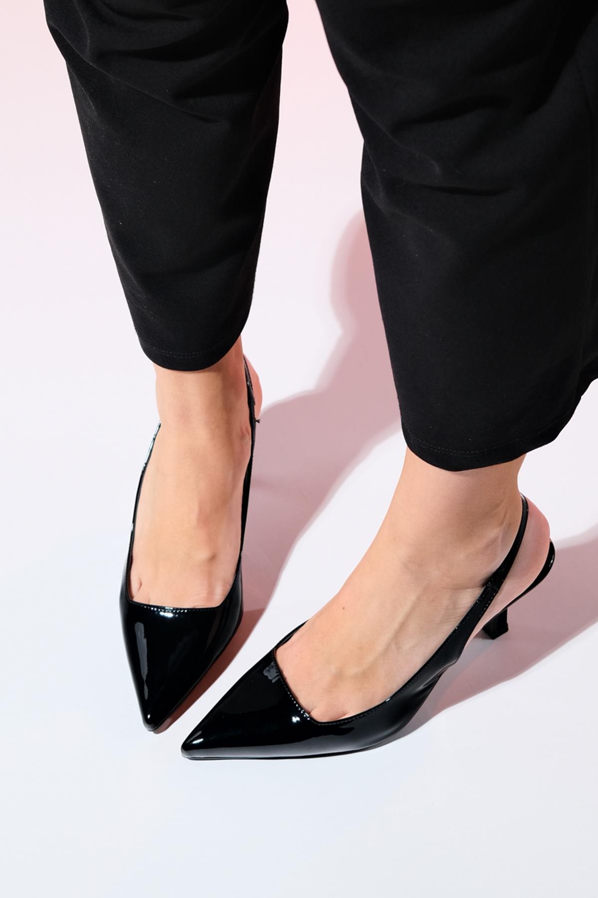 Flem - Black Patent Pointed Toe Backless Stiletto Pump – side view showing leather, black, Vowalisse