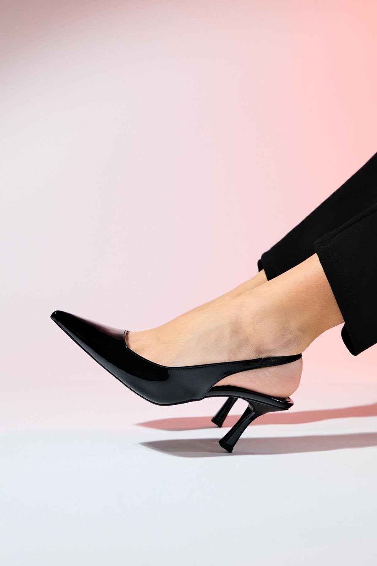 Flem - Black Patent Pointed Toe Backless Stiletto Pump – detail view showing leather, black, Vowalisse