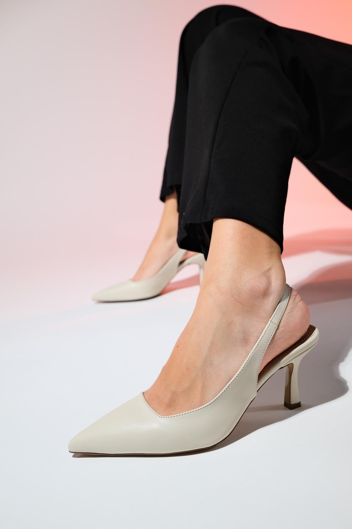 Flem - Ecru Pointed Toe Backless Stiletto Pump – front three-quarter view showing leather, Vowalisse