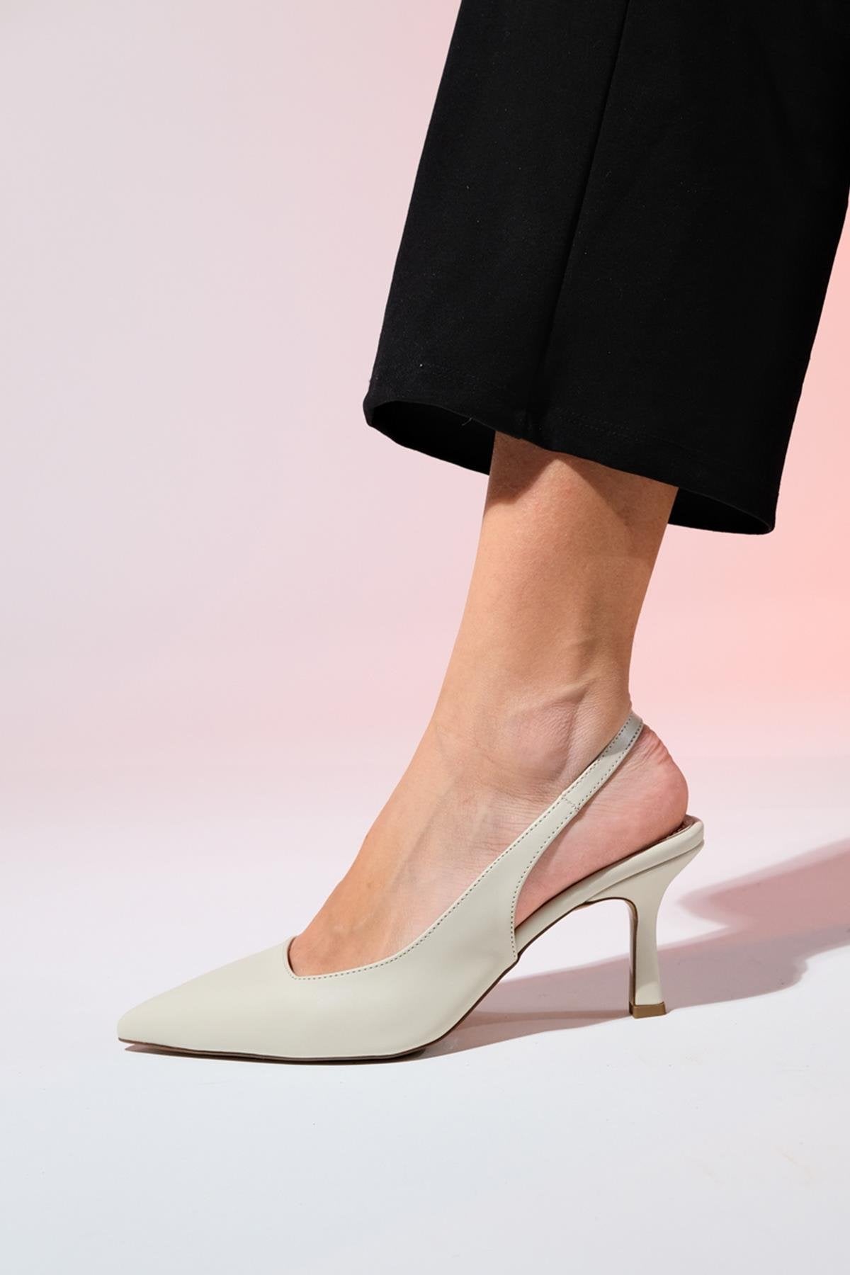 Flem - Ecru Pointed Toe Backless Stiletto Pump – detail view showing leather, Vowalisse