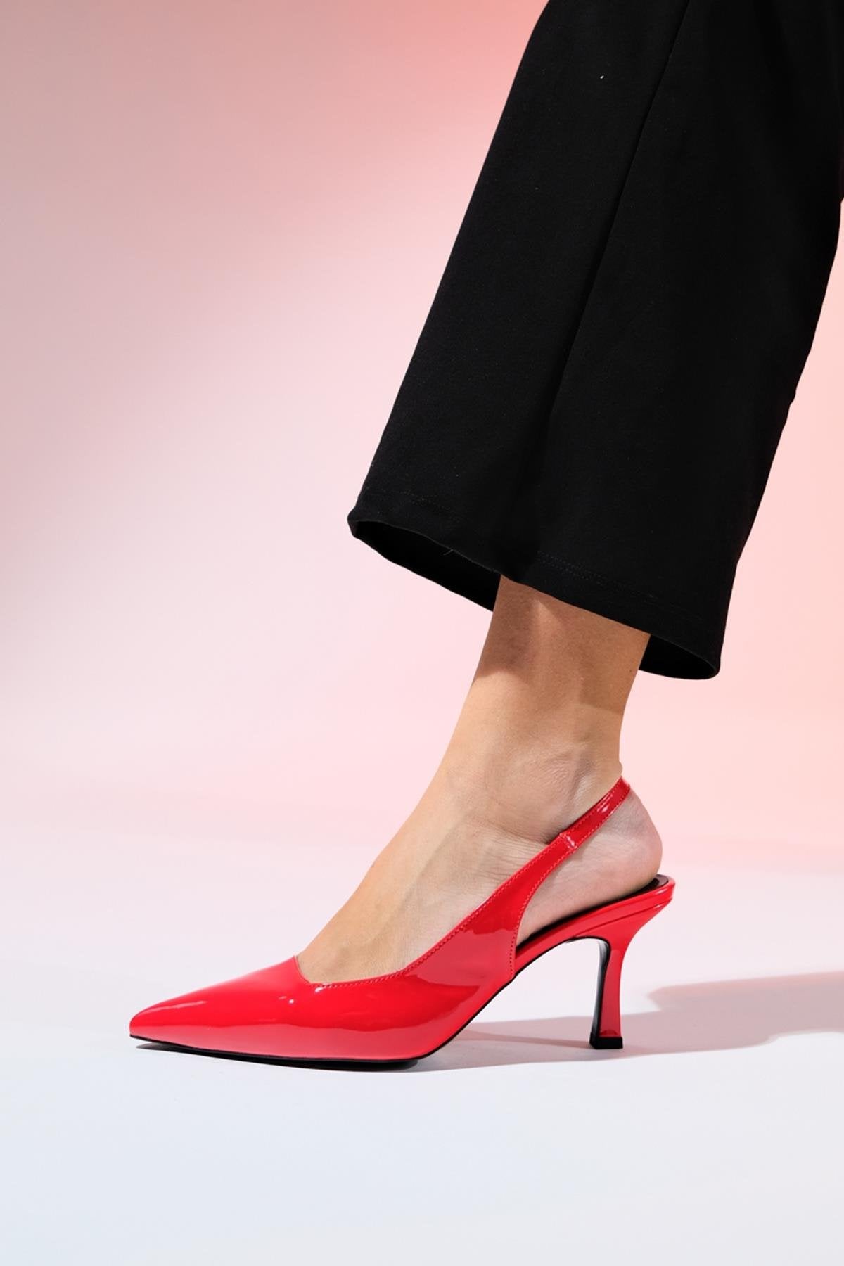 Flem - Red Patent Pointed Toe Backless Stiletto Pump – side view showing leather, red, Vowalisse