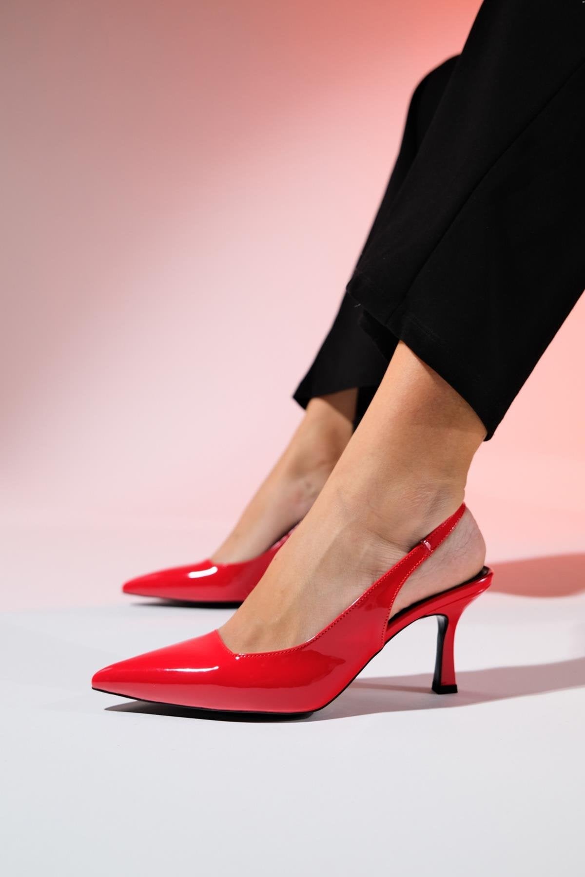 Flem - Red Patent Pointed Toe Backless Stiletto Pump – heel view showing leather, red, Vowalisse