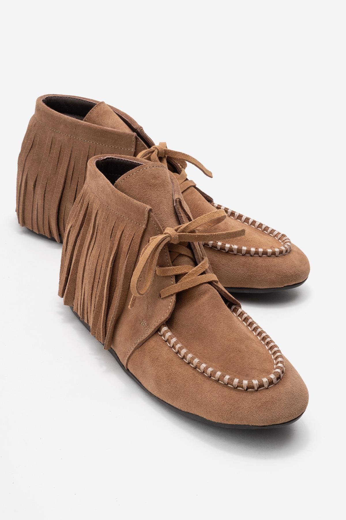 RAUX - Taupe Genuine Suede Leather Fringed Ankle Boot – front three-quarter view showing leather, suede, Vowalisse