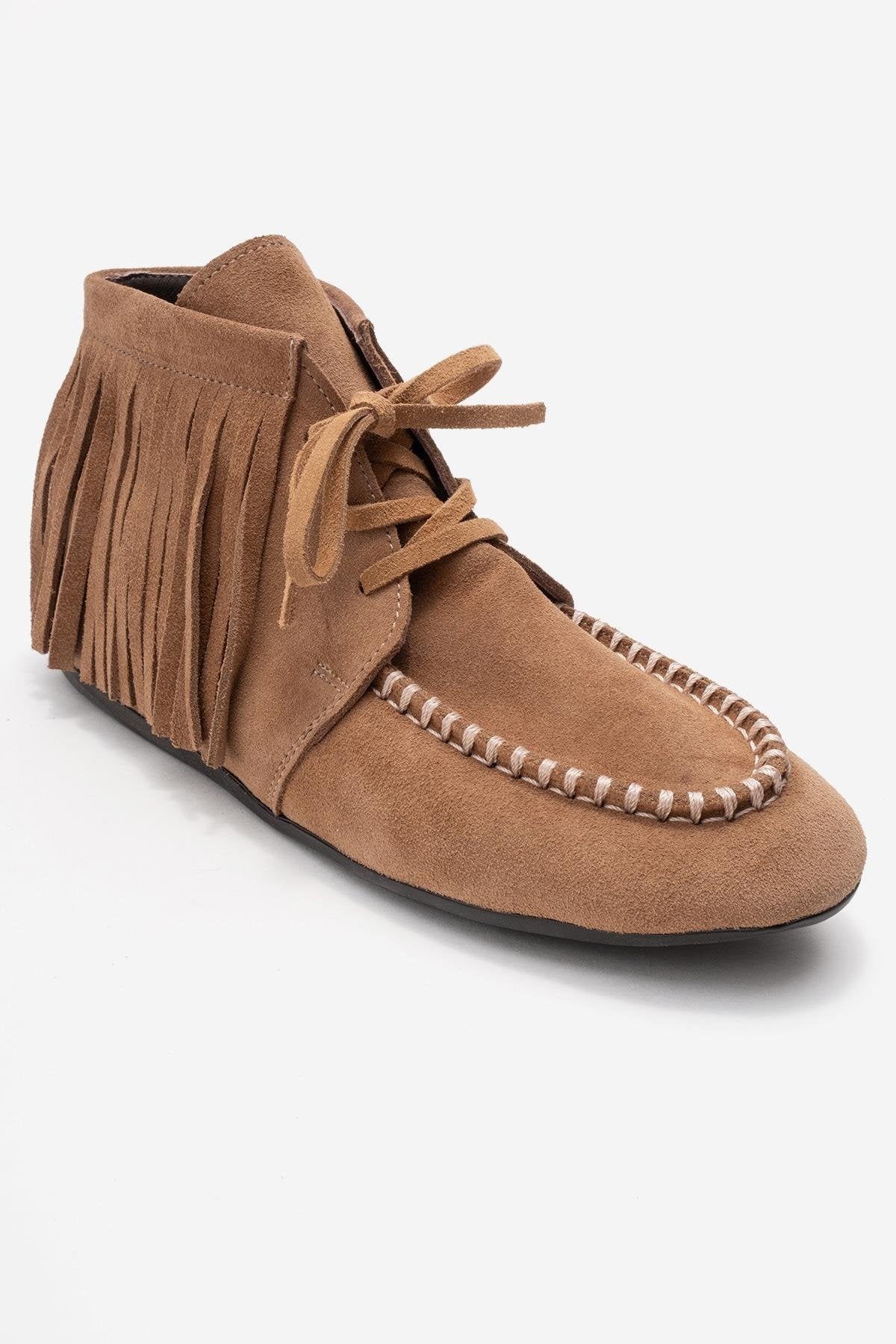 RAUX - Taupe Genuine Suede Leather Fringed Ankle Boot – detail view showing leather, suede, Vowalisse