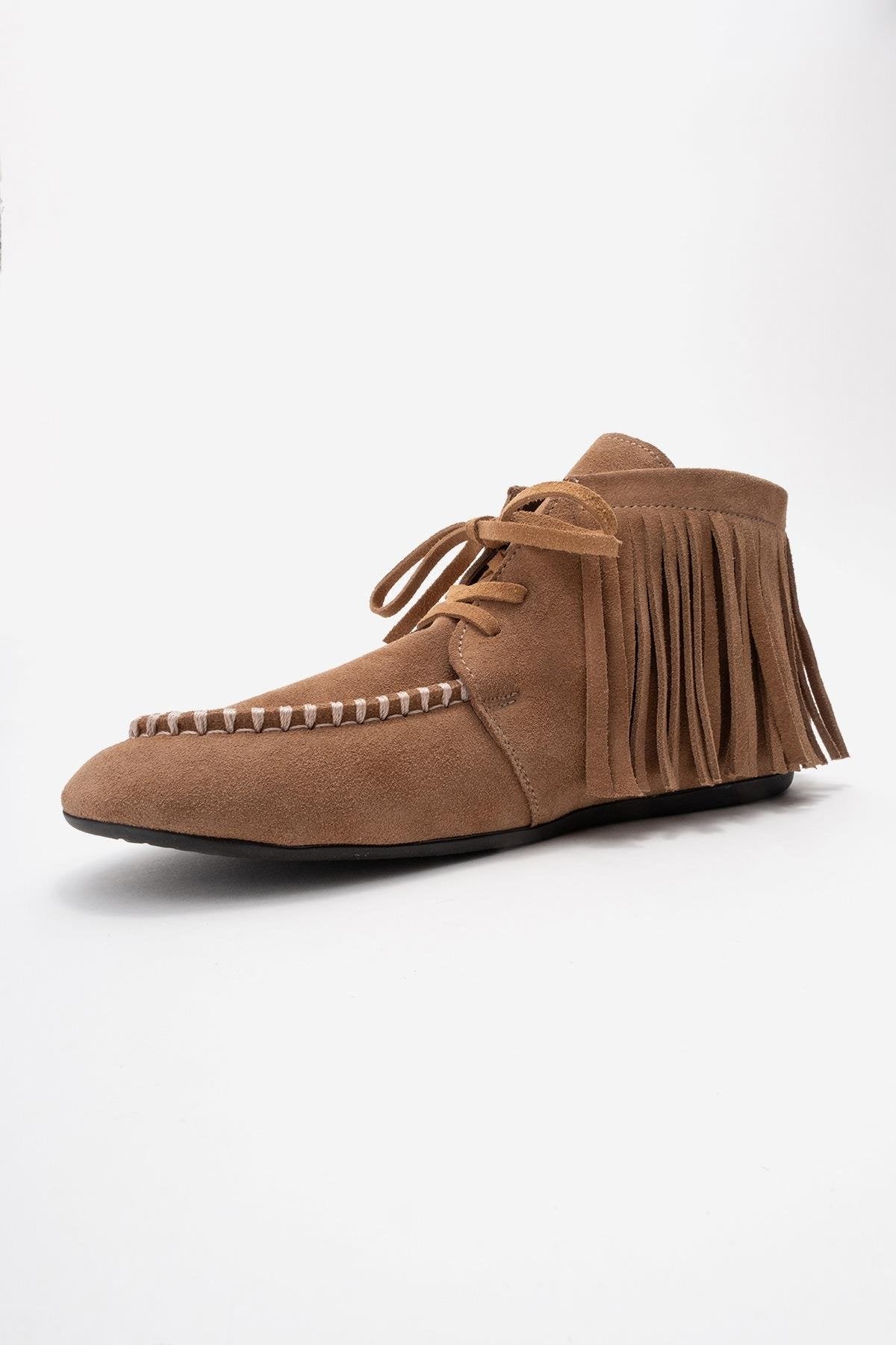 RAUX - Taupe Genuine Suede Leather Fringed Ankle Boot – heel view showing leather, suede, Vowalisse