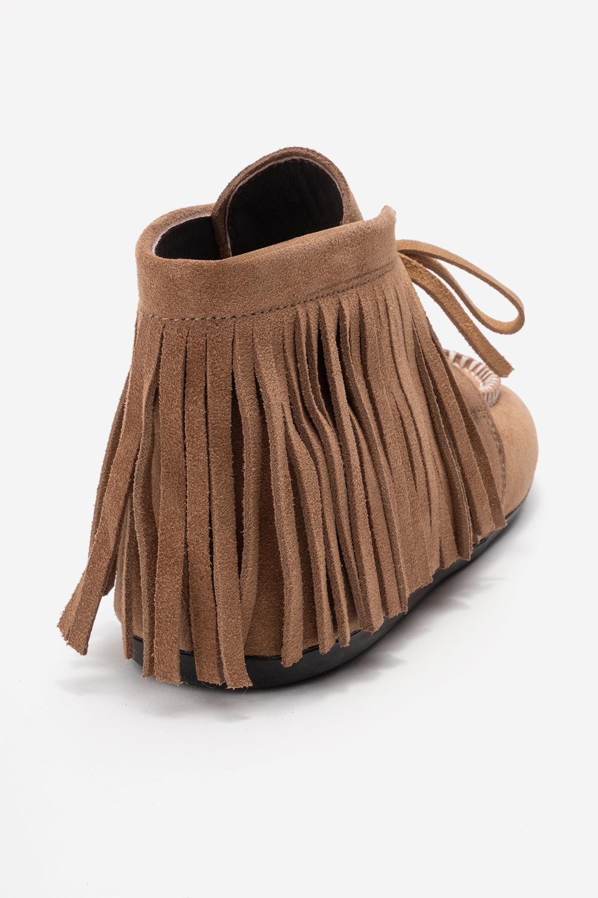 RAUX - Taupe Genuine Suede Leather Fringed Ankle Boot – back view showing leather, suede, Vowalisse