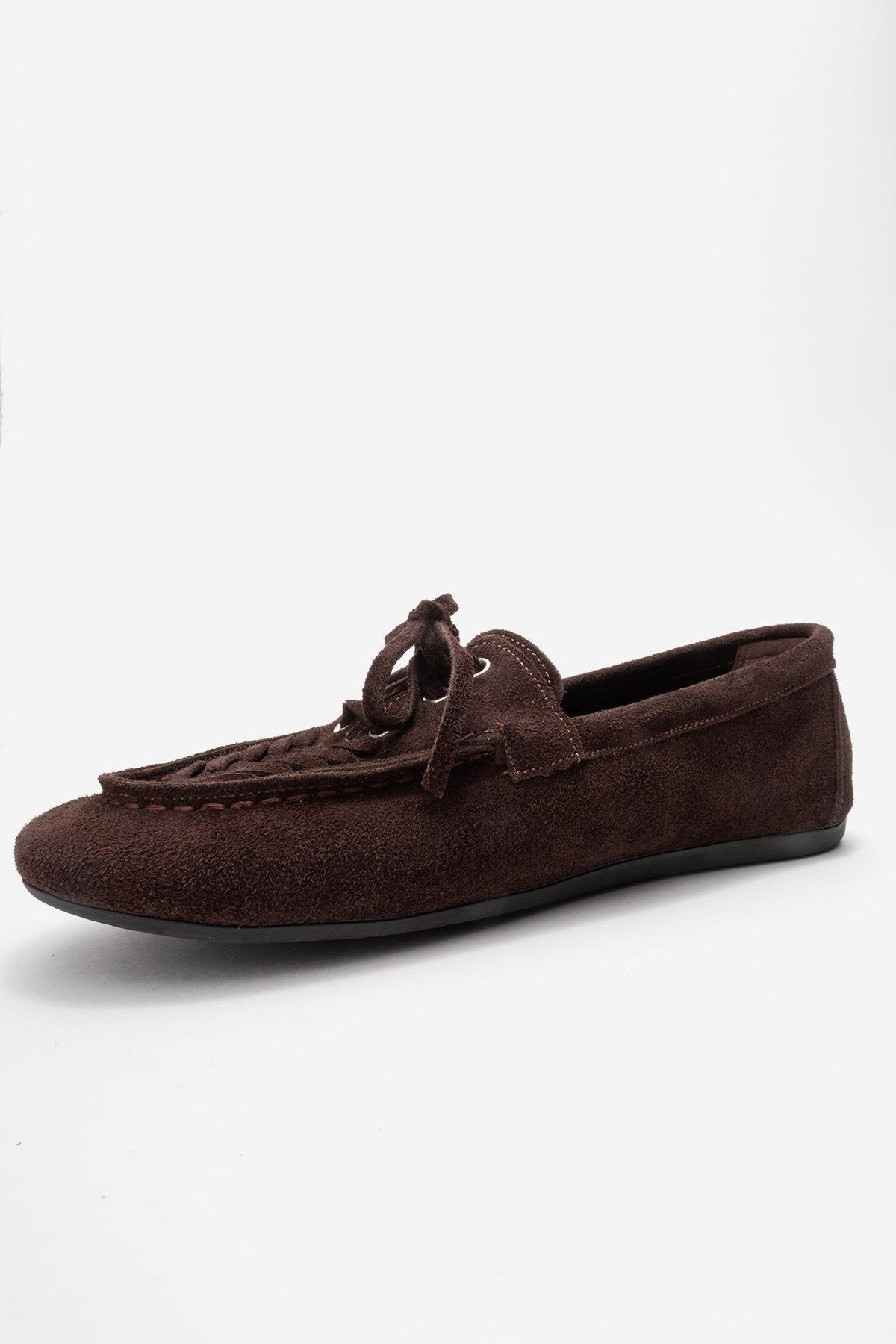 LORVEN - Brown Genuine Suede Leather Lace-Up Loafer – heel view showing lace, leather, suede, Vowalisse
