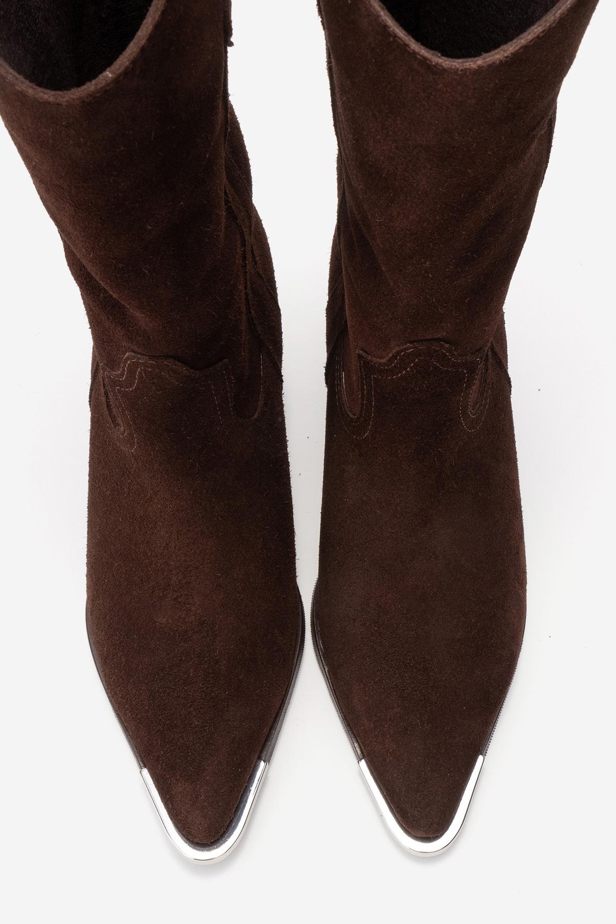 ALVI - Brown Genuine Suede Block Heel Western Boot – side view showing leather, suede, Vowalisse