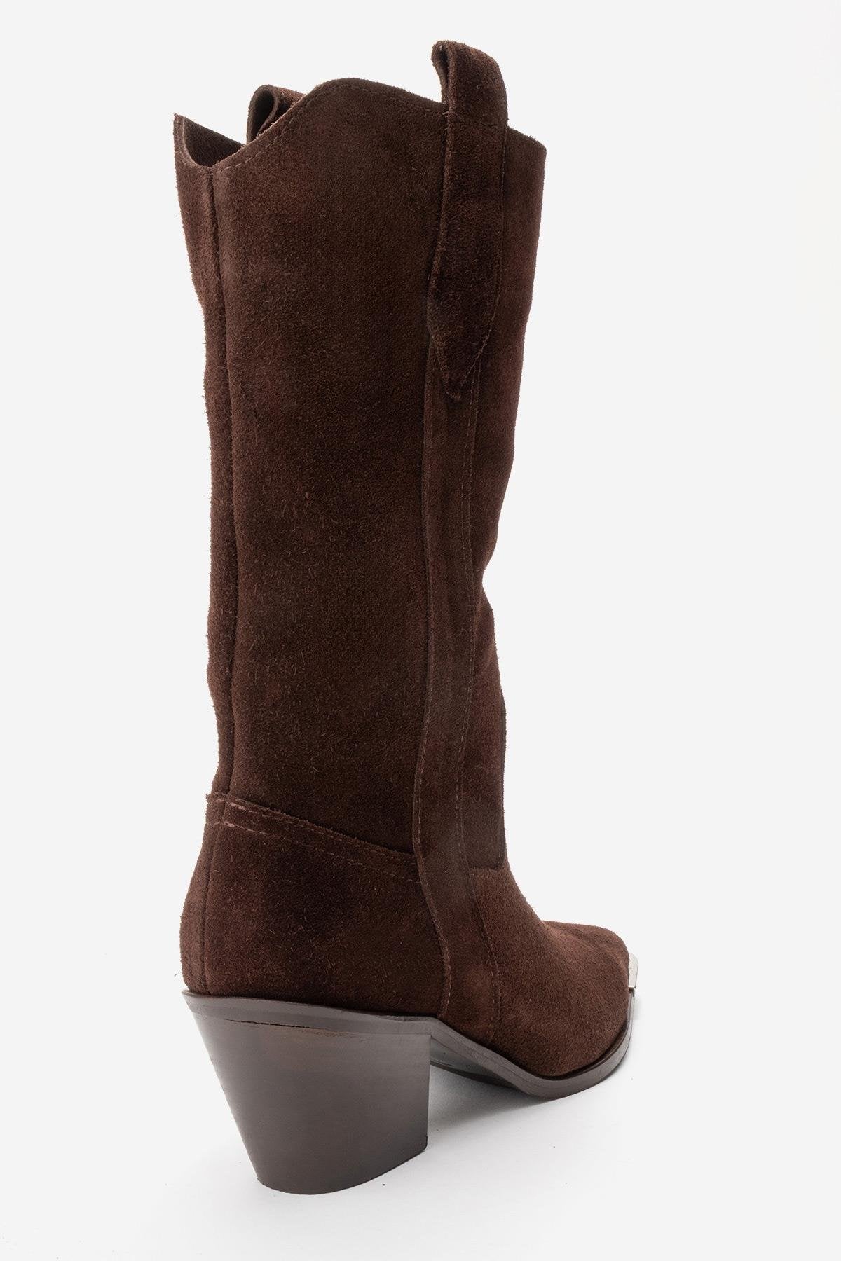 ALVI - Brown Genuine Suede Block Heel Western Boot – back view showing leather, suede, Vowalisse