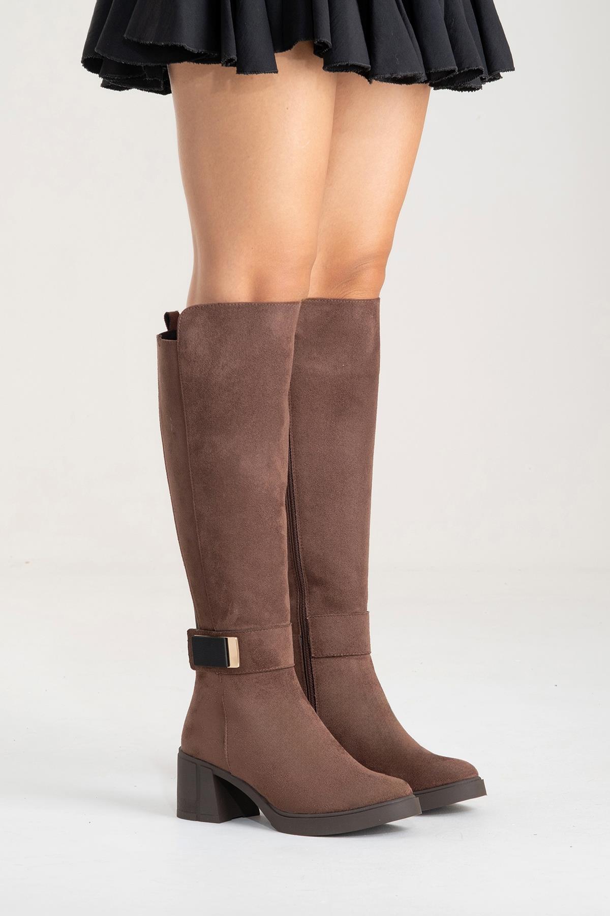 MORENİ - Brown Genuine Leather Knee-High Block Heel Boot – side view showing leather, Vowalisse