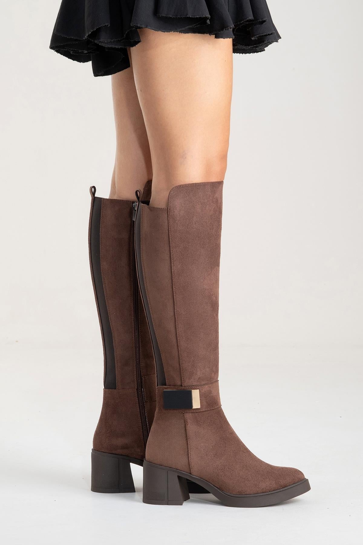 MORENİ - Brown Genuine Leather Knee-High Block Heel Boot – detail view showing leather, Vowalisse