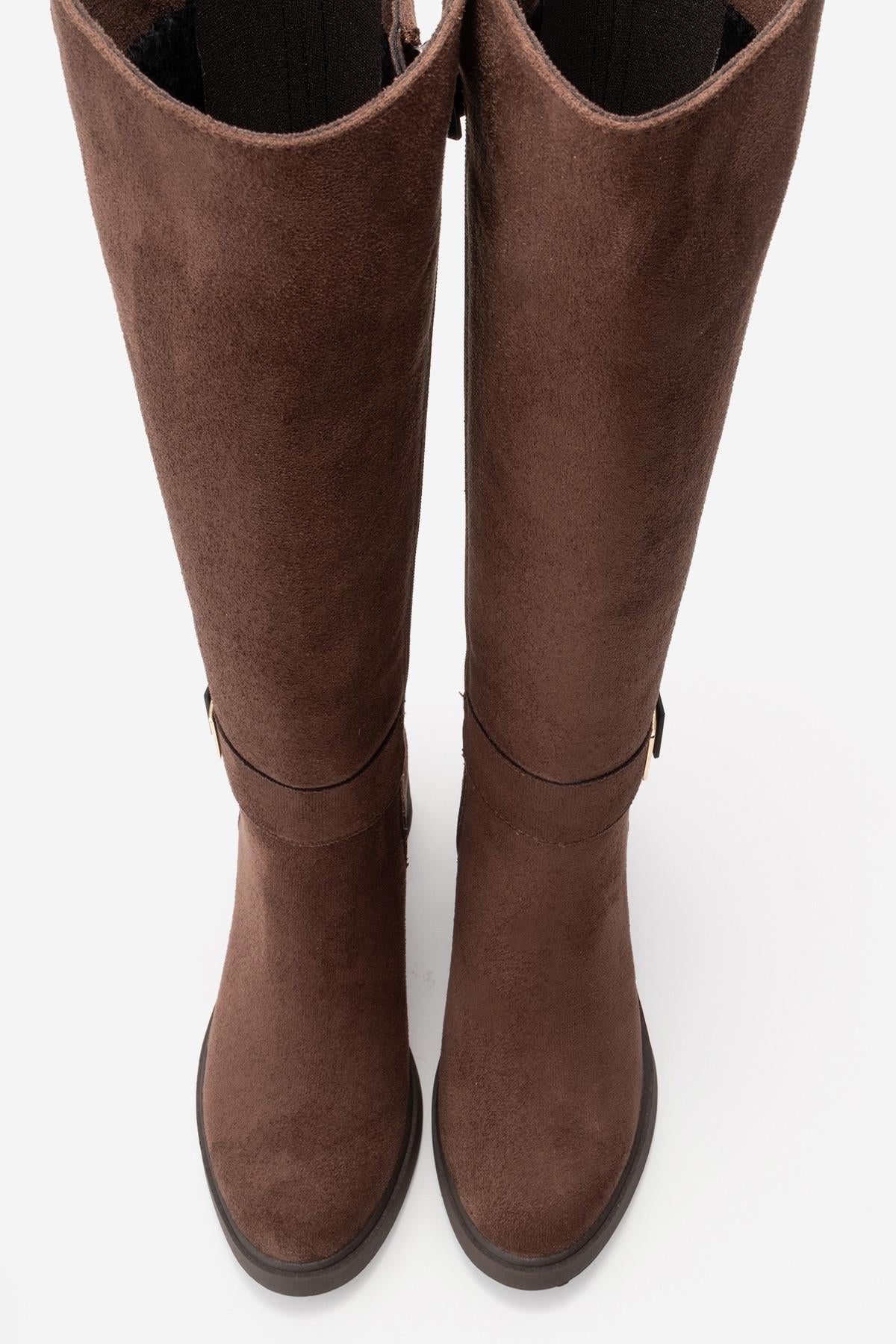 MORENİ - Brown Genuine Leather Knee-High Block Heel Boot – heel view showing leather, Vowalisse
