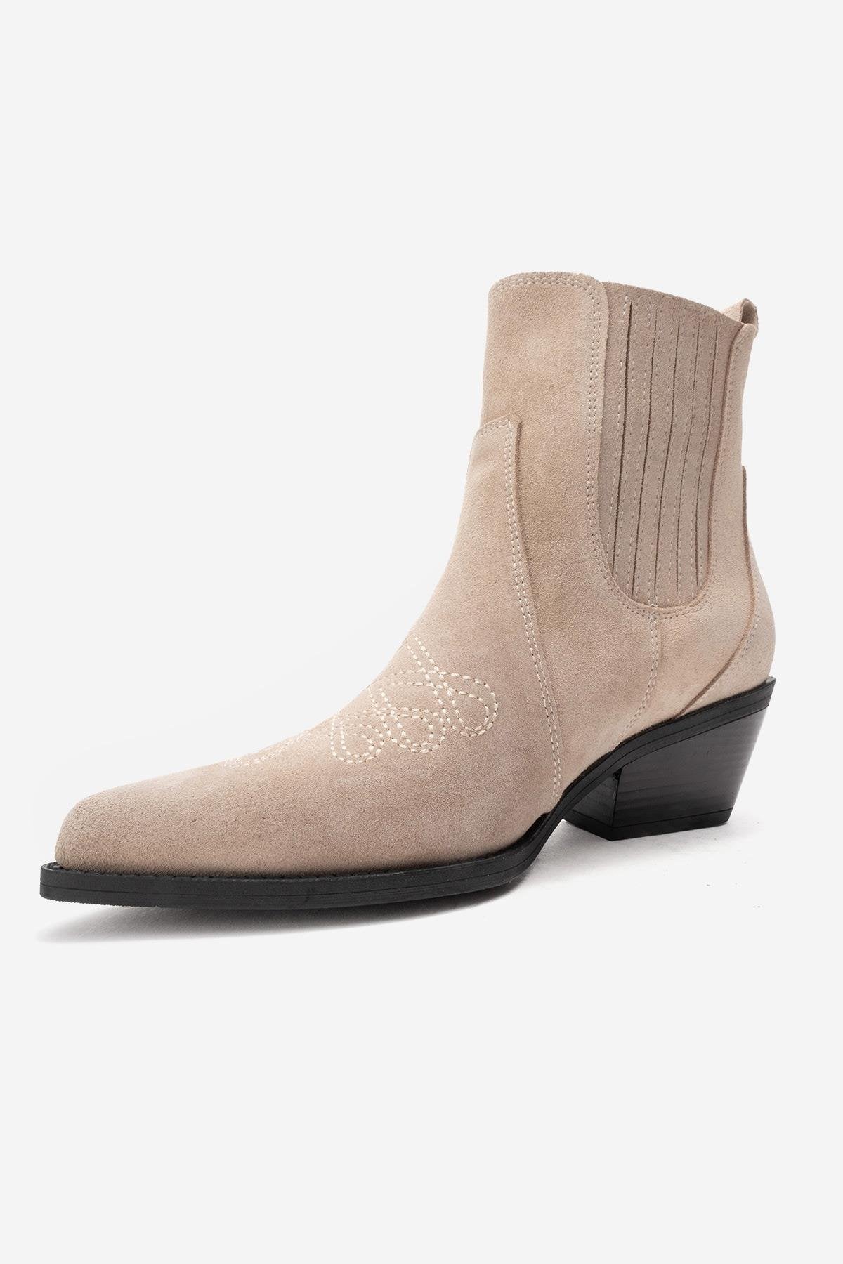 JULIETA - Beige Genuine Suede Leather Block Heel Western Boot – heel view showing leather, suede, Vowalisse