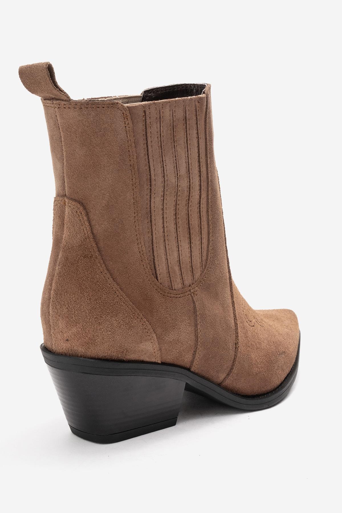 JULIETA - Taupe Genuine Suede Leather Block Heel Western Boot – back view showing leather, suede, Vowalisse