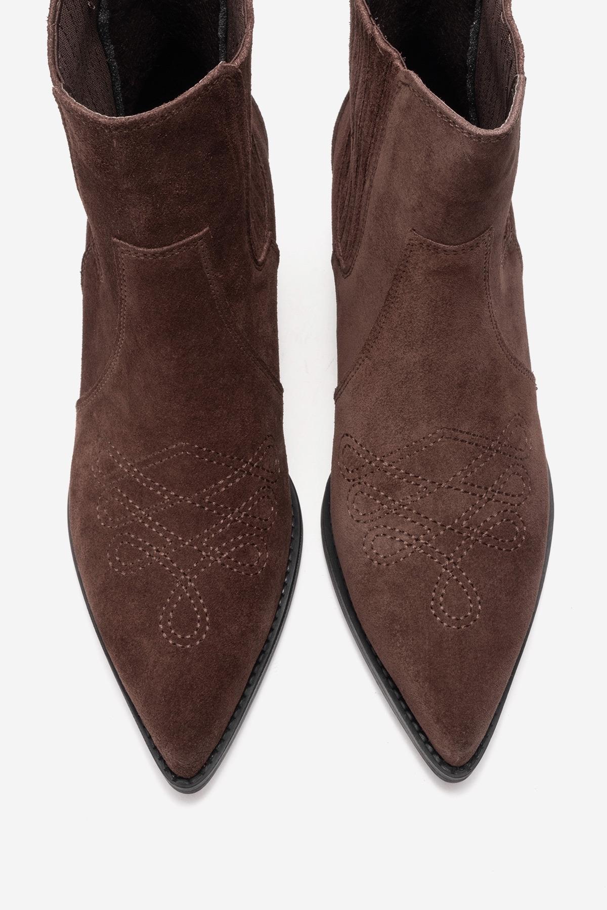 JULIETA - Brown Genuine Suede Leather Block Heel Western Boot – side view showing leather, suede, Vowalisse