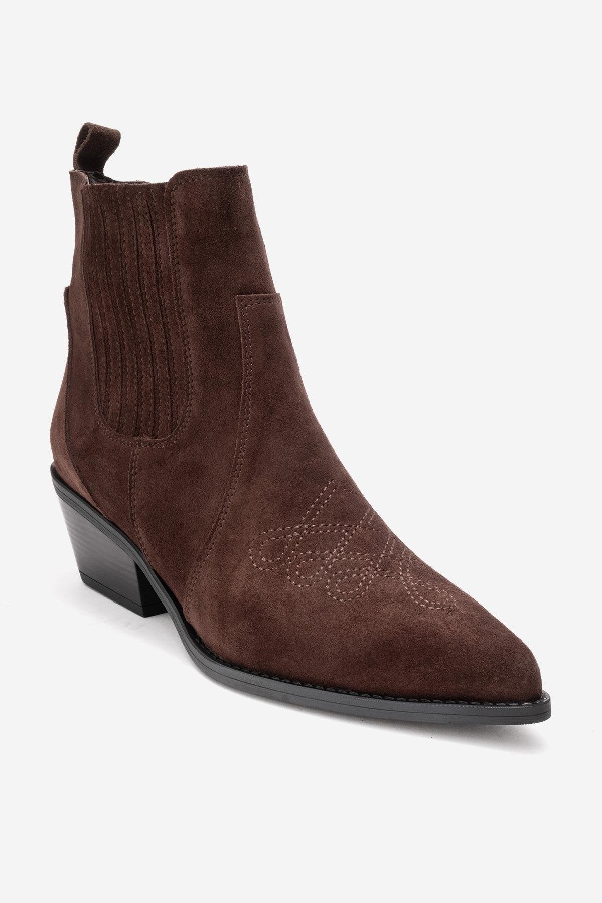JULIETA - Brown Genuine Suede Leather Block Heel Western Boot – detail view showing leather, suede, Vowalisse