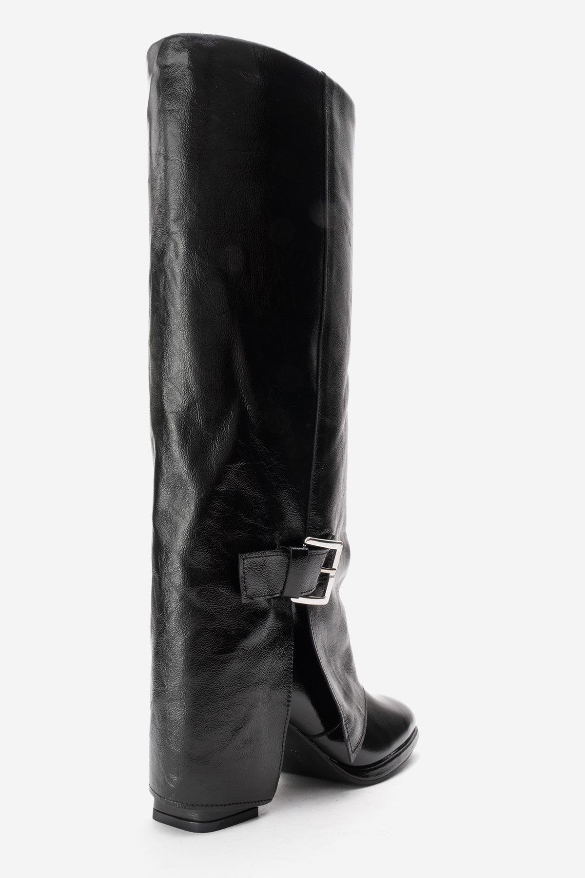 LOJO - Black Genuine Leather Block Heel Boot – top view showing leather, black, Vowalisse