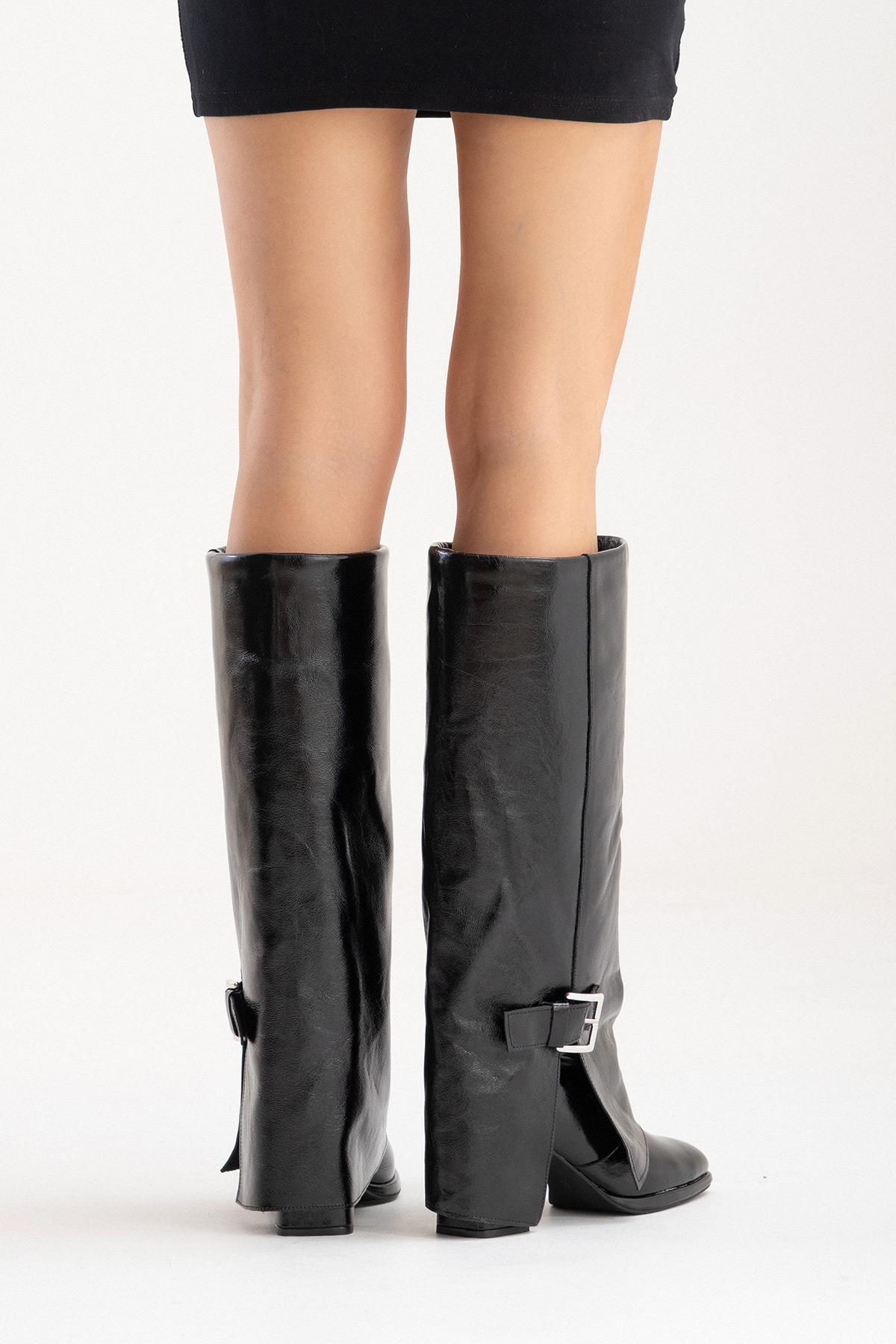 LOJO - Black Genuine Leather Block Heel Boot – sole view showing leather, black, Vowalisse
