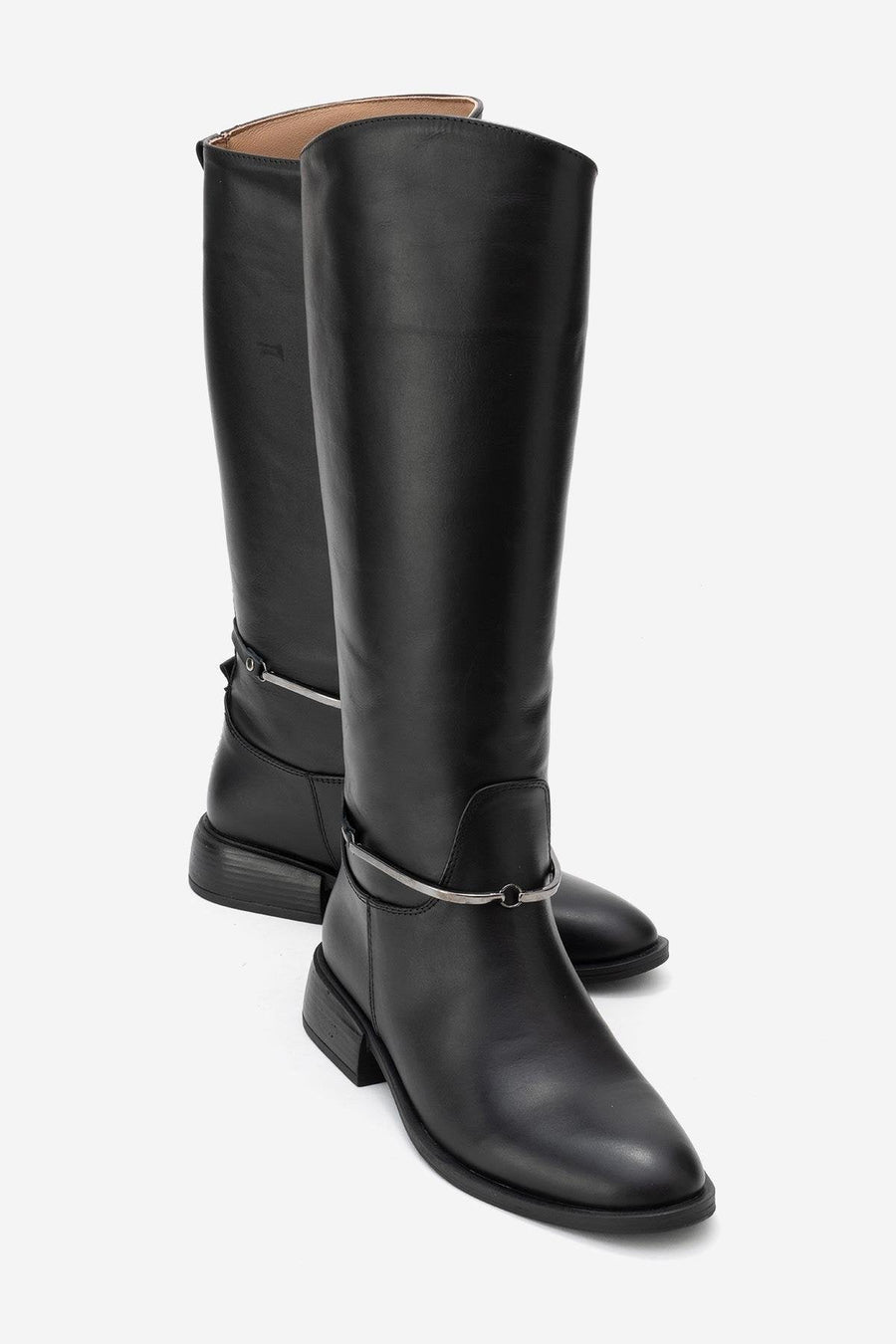 ANSEL - Black Genuine Leather Flat Heel Knee-High Boot
