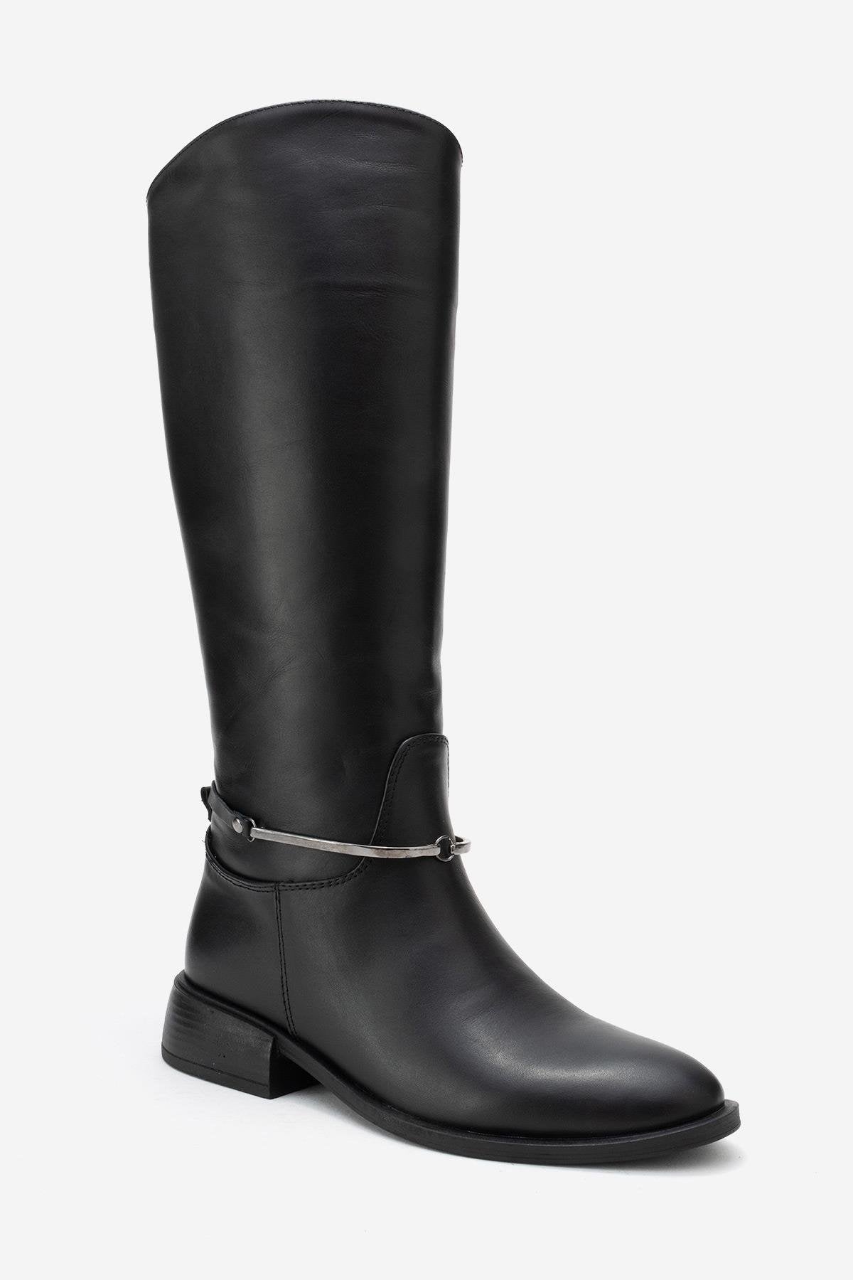 ANSEL - Black Genuine Leather Flat Heel Knee-High Boot – detail view showing leather, black, red, Vowalisse