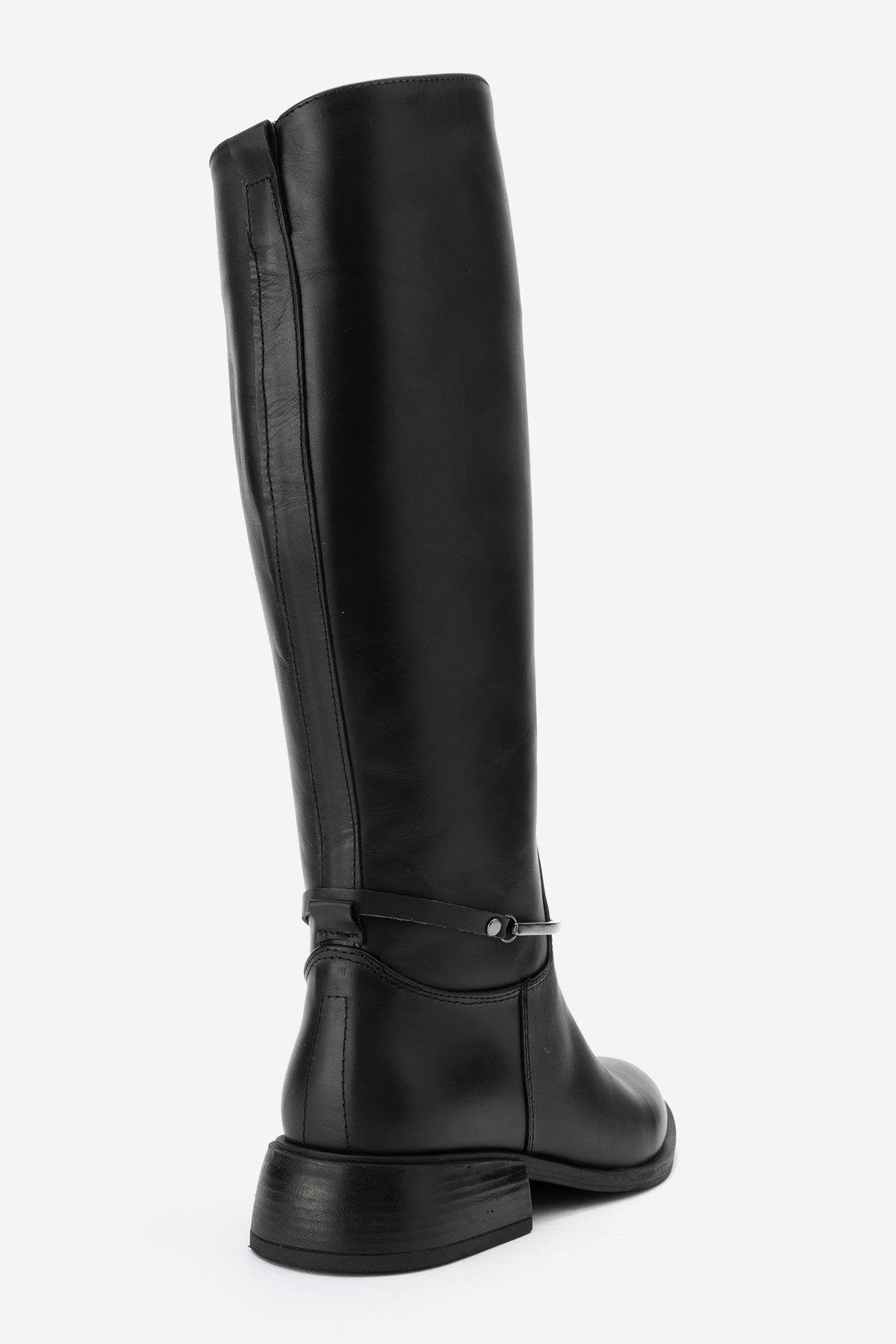ANSEL - Black Genuine Leather Flat Heel Knee-High Boot – back view showing leather, black, red, Vowalisse