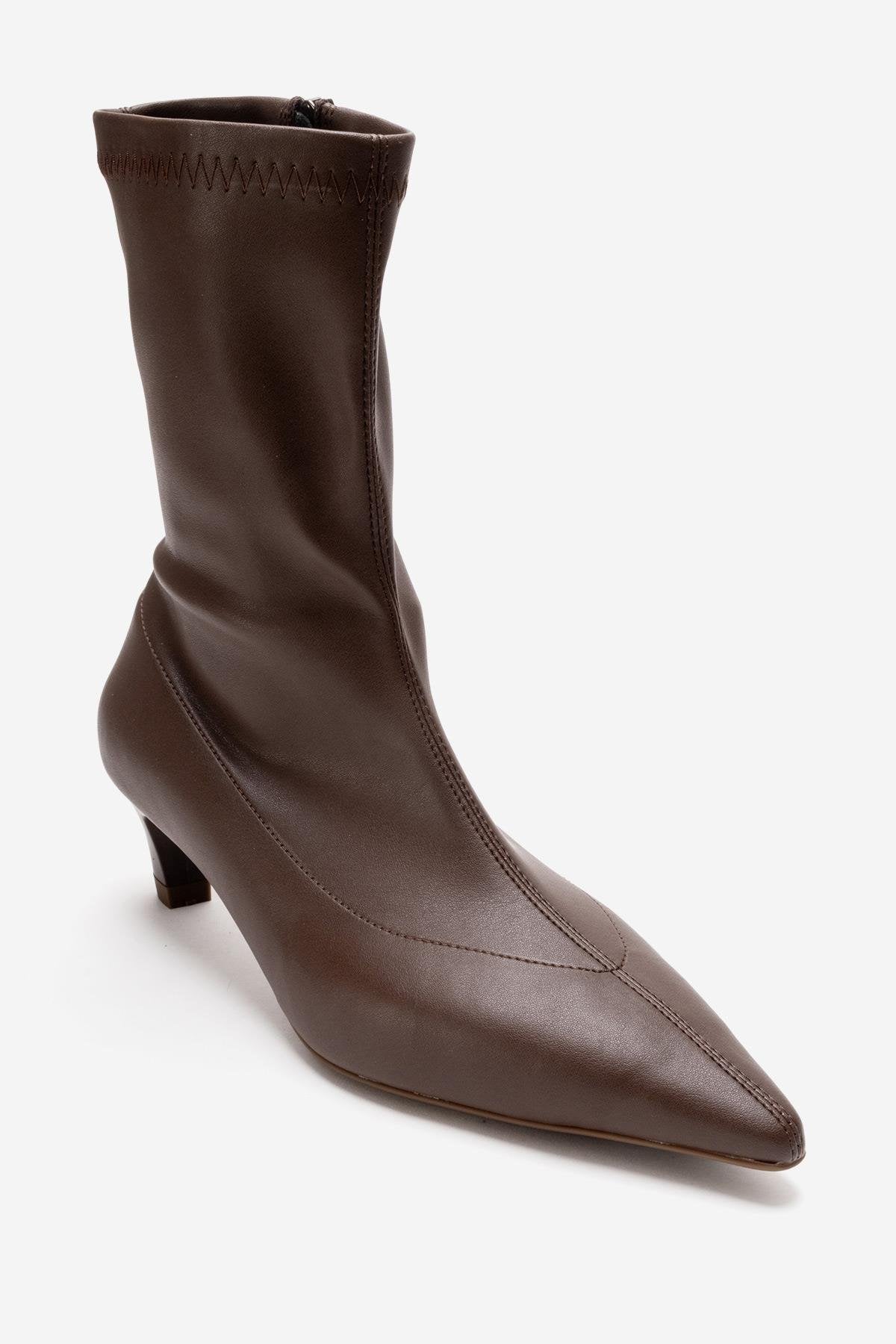 ALORA - Brown Kitten Heel Boot – detail view showing leather, Vowalisse