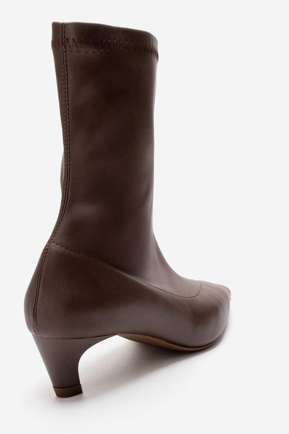 ALORA - Brown Kitten Heel Boot – back view showing leather, Vowalisse