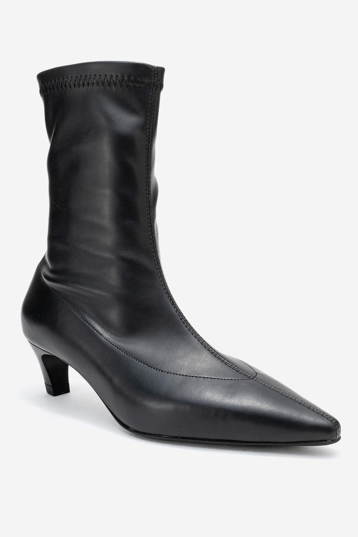 ALORA - Black Kitten Heel Boot – detail view showing leather, black, Vowalisse