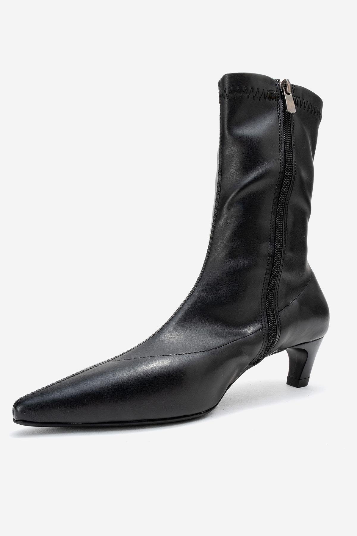 ALORA - Black Kitten Heel Boot – heel view showing leather, black, Vowalisse