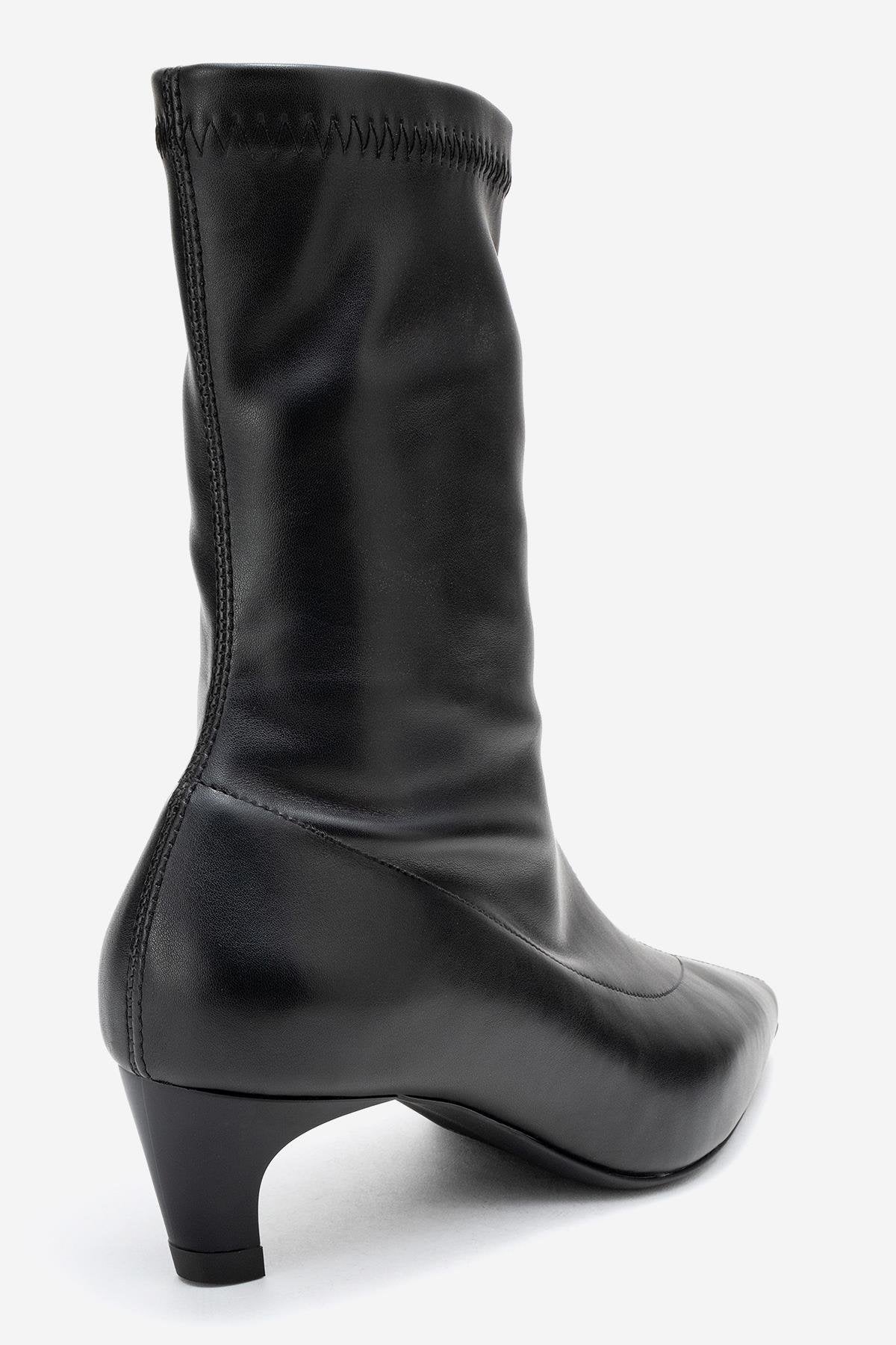 ALORA - Black Kitten Heel Boot – back view showing leather, black, Vowalisse