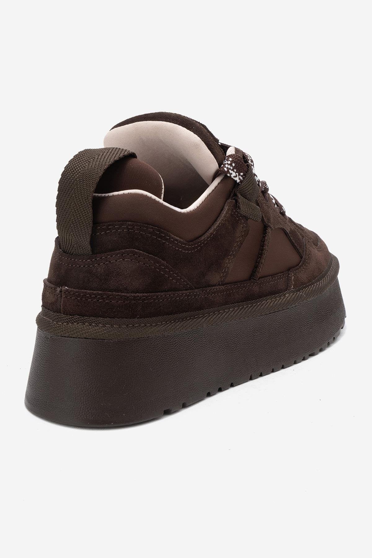 Riven - Brown Genuine Leather Platform Sneaker – back view showing leather, suede, Vowalisse