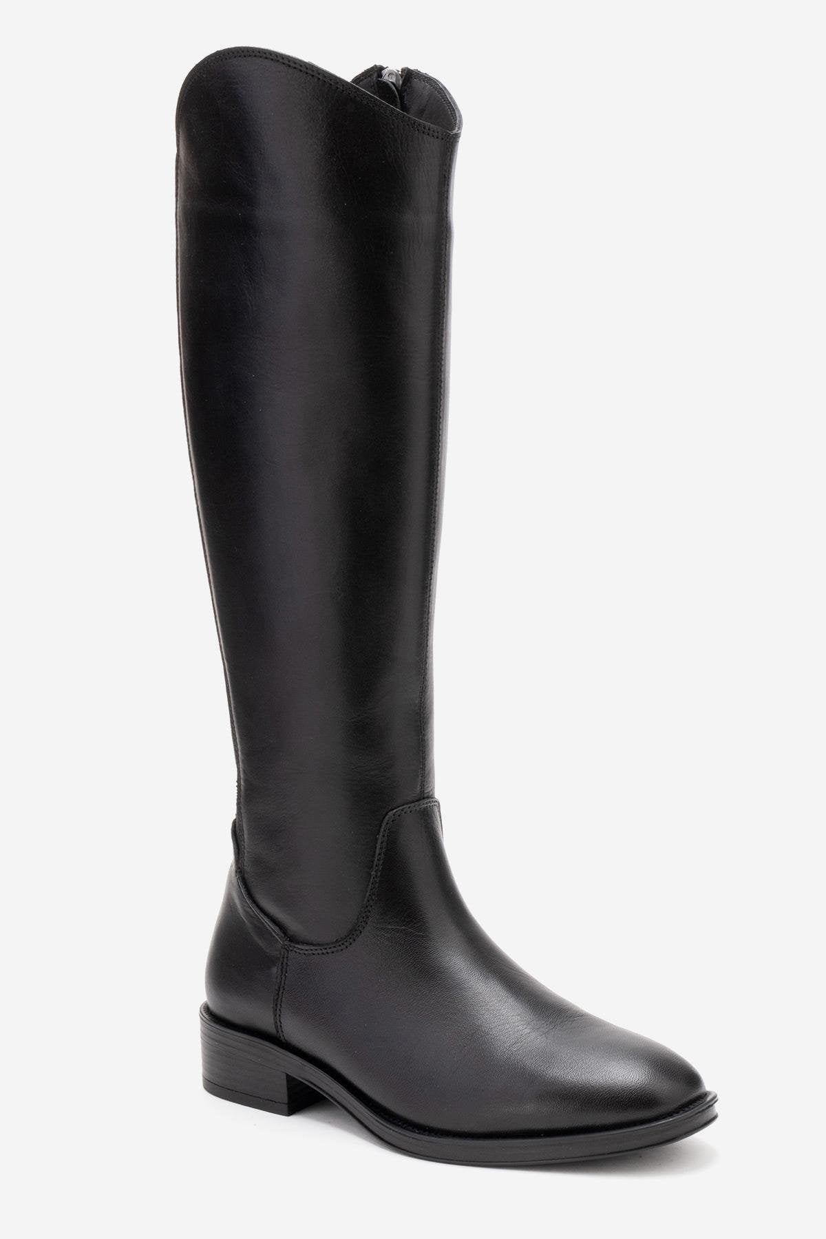 RUIZ - Black Genuine Leather Knee-High Boot – sole view showing leather, black, Vowalisse
