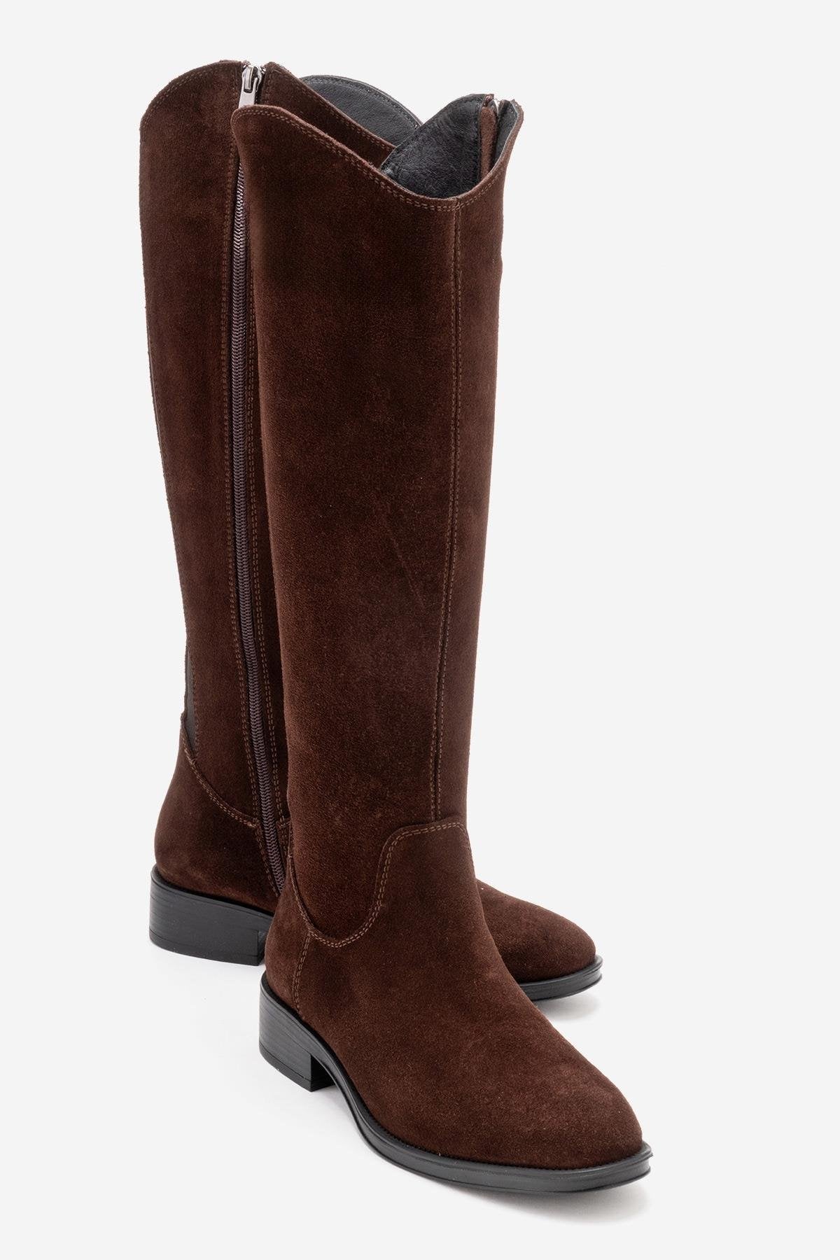 RUIZ - Brown Suede Genuine Leather Flat Heel Boot – front three-quarter view showing leather, suede, red, Vowalisse