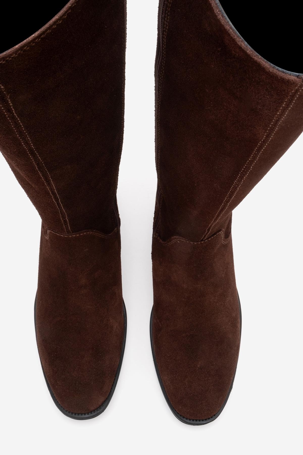 RUIZ - Brown Suede Genuine Leather Flat Heel Boot – side view showing leather, suede, red, Vowalisse