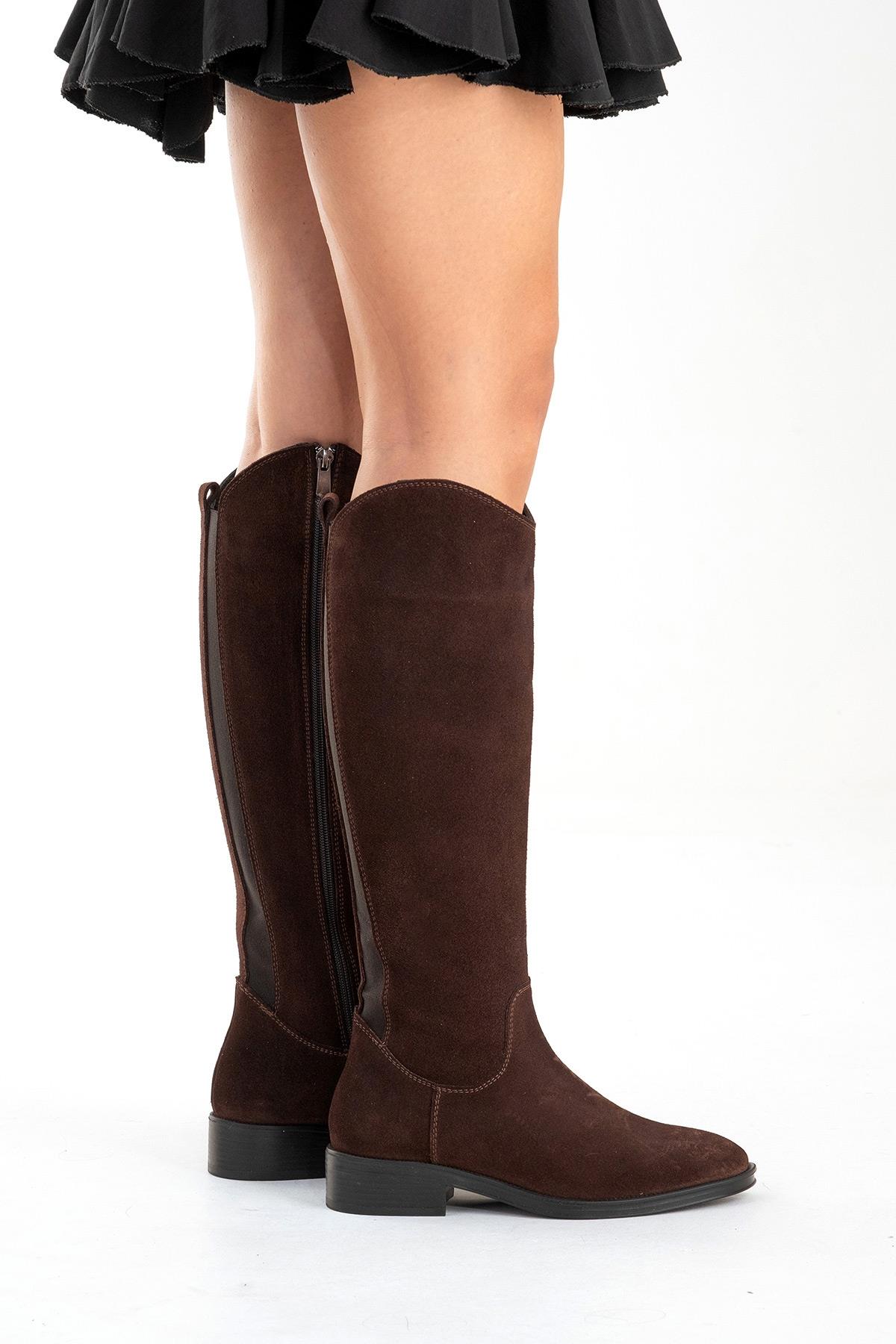RUIZ - Brown Suede Genuine Leather Flat Heel Boot – back view showing leather, suede, red, Vowalisse