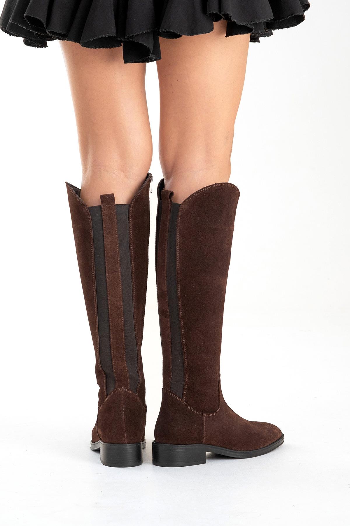 RUIZ - Brown Suede Genuine Leather Flat Heel Boot – top view showing leather, suede, red, Vowalisse