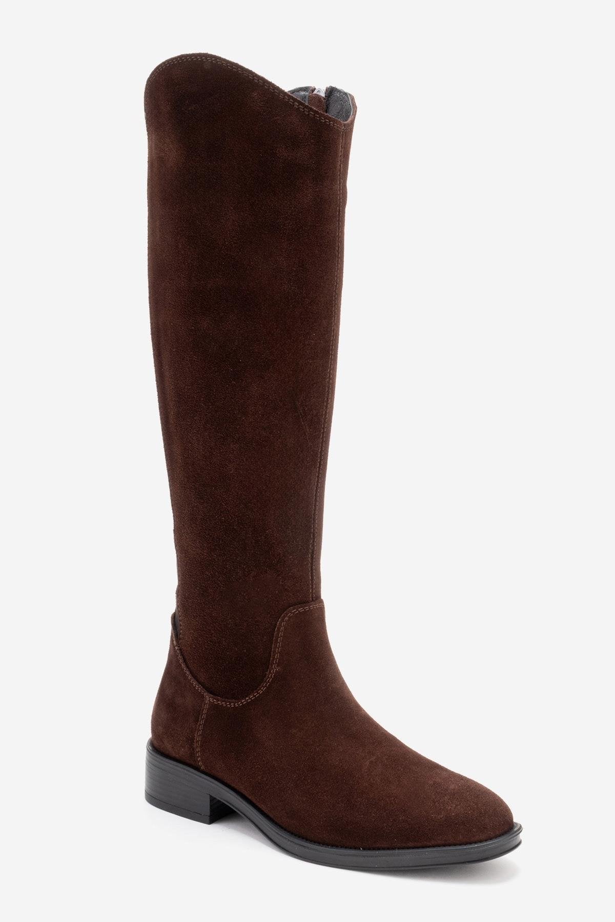 RUIZ - Brown Suede Genuine Leather Flat Heel Boot – sole view showing leather, suede, red, Vowalisse