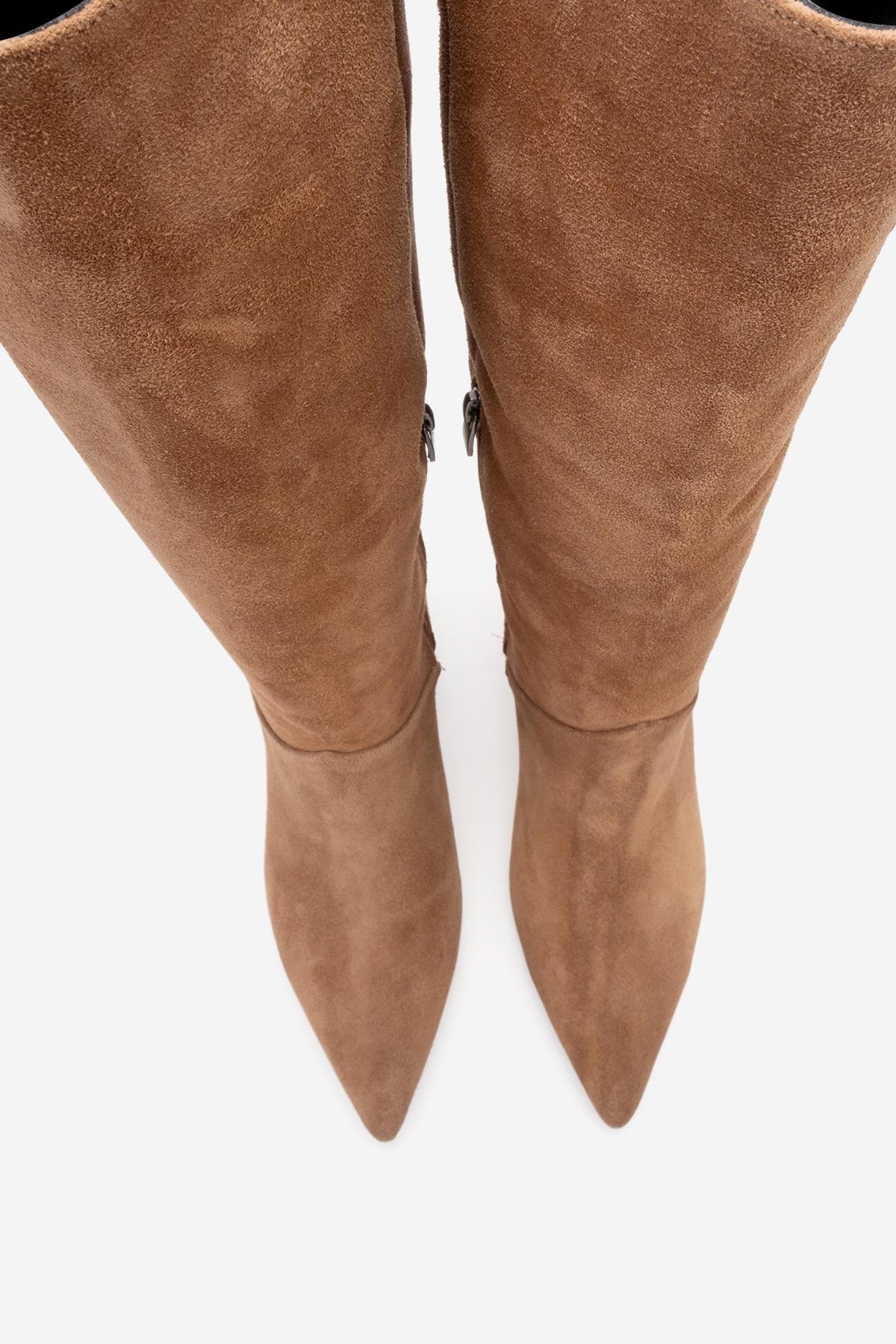 MERLA - Taupe Suede Genuine Leather Block Heel Boot – side view showing leather, suede, Vowalisse
