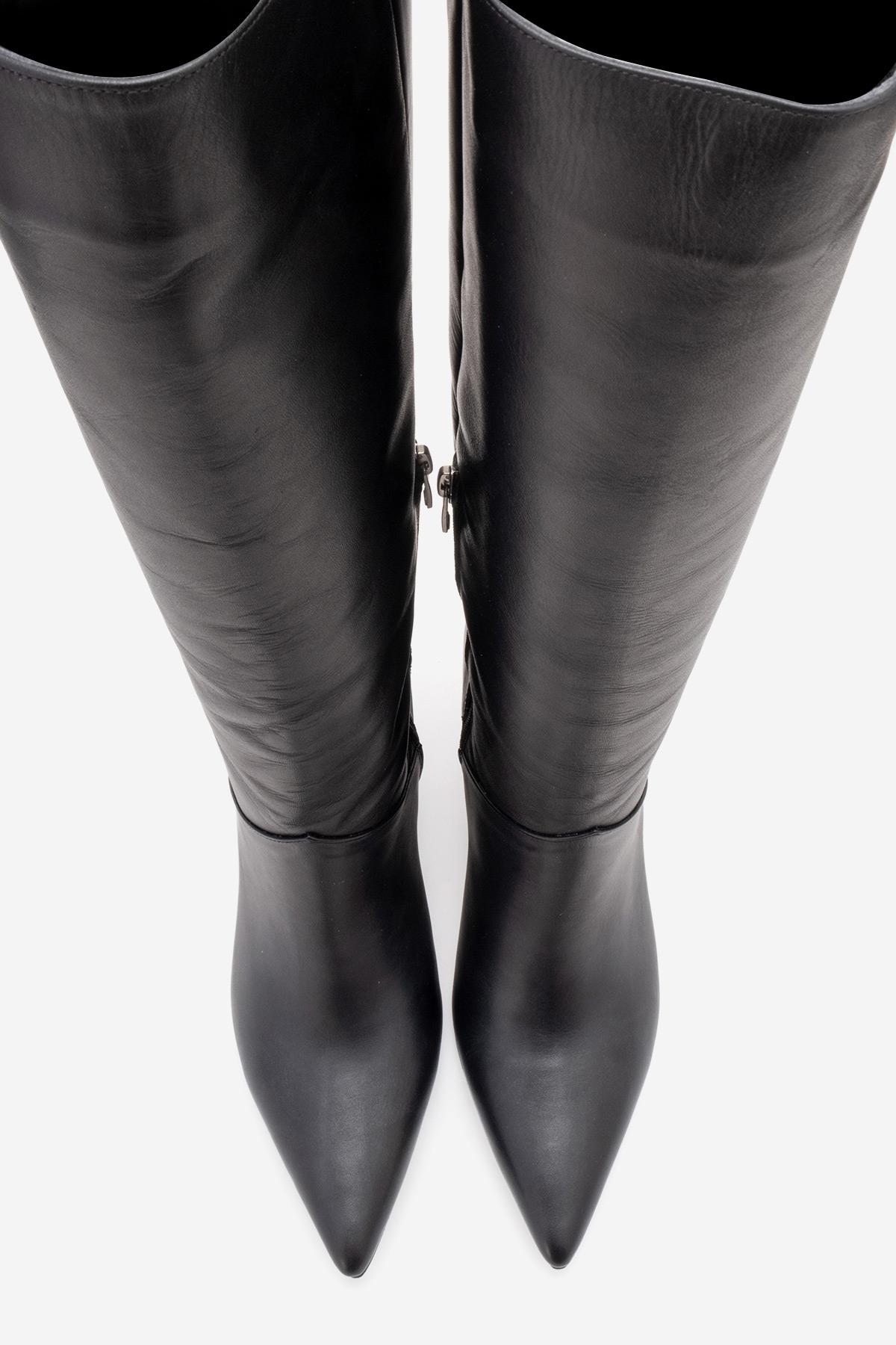 MERLA - Black Genuine Leather Block Heel Boot – side view showing leather, black, Vowalisse
