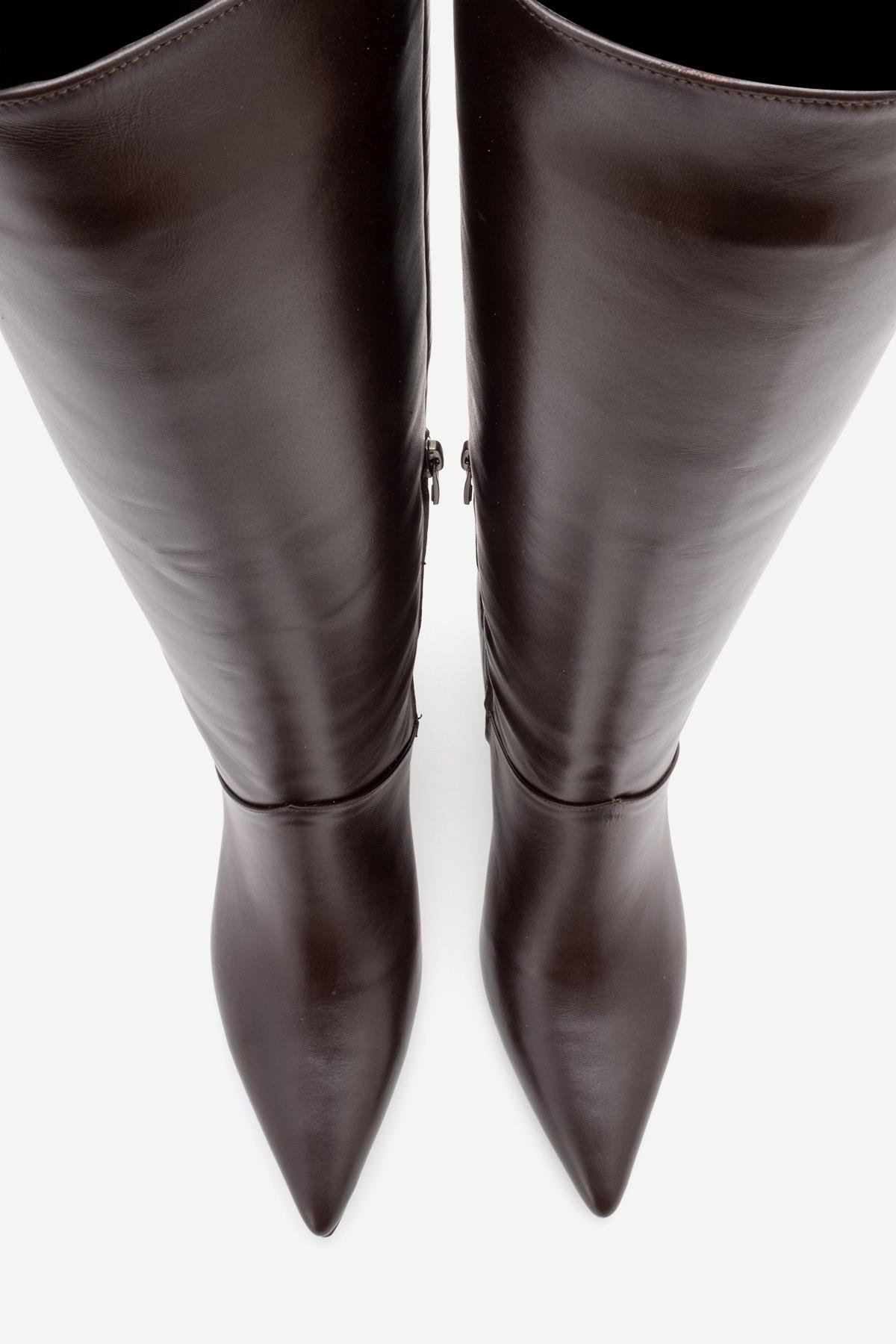 MERLA - Brown Genuine Leather Block Heel Boot – side view showing leather, Vowalisse