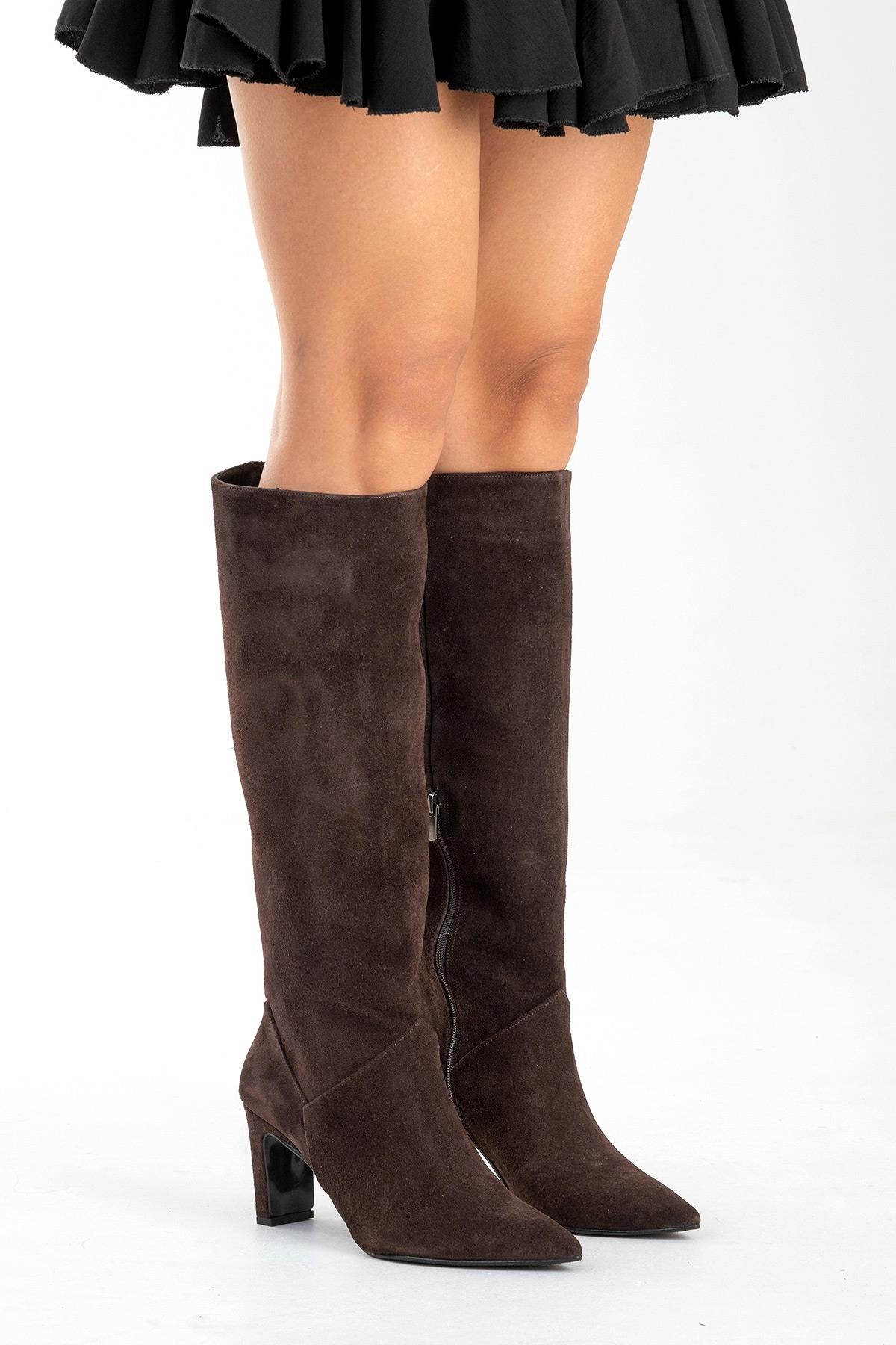 MERLA - Brown Suede Genuine Leather Block Heel Boot – heel view showing leather, suede, Vowalisse
