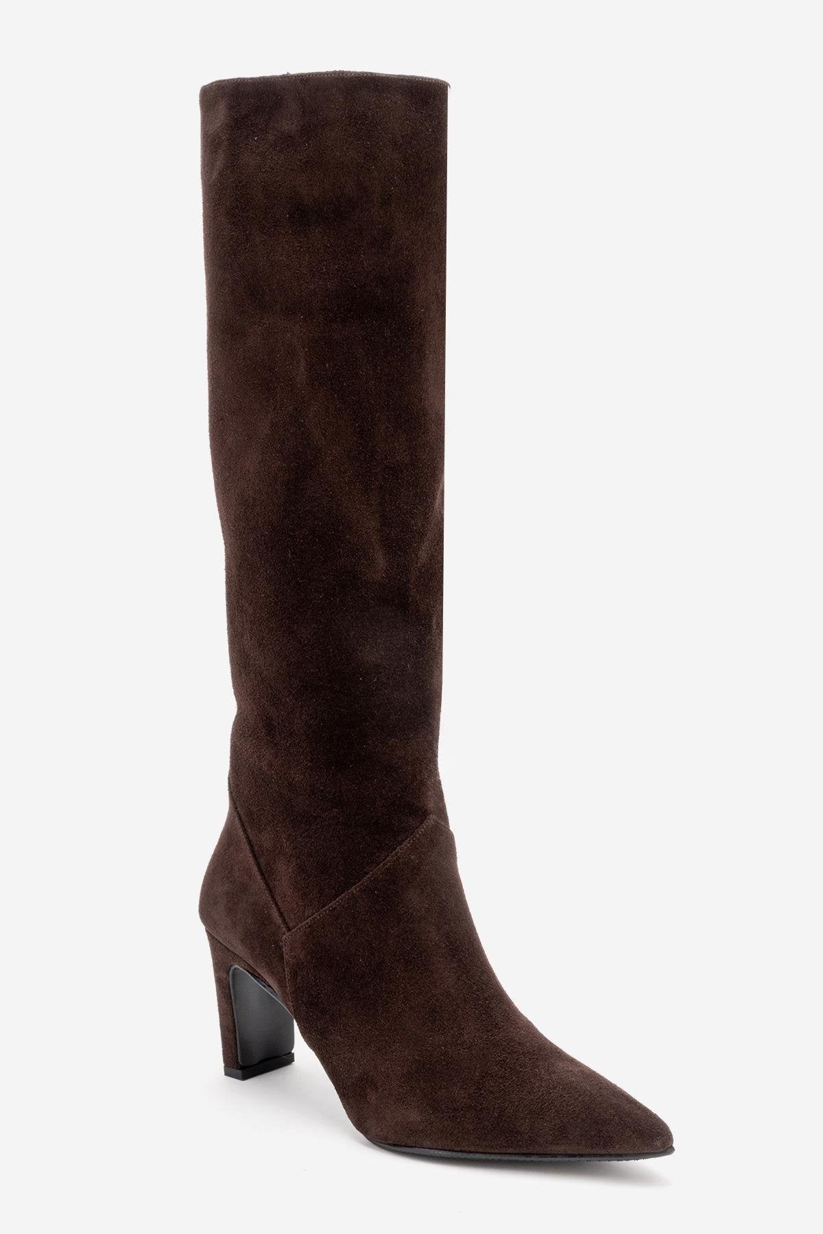 MERLA - Brown Suede Genuine Leather Block Heel Boot – sole view showing leather, suede, Vowalisse