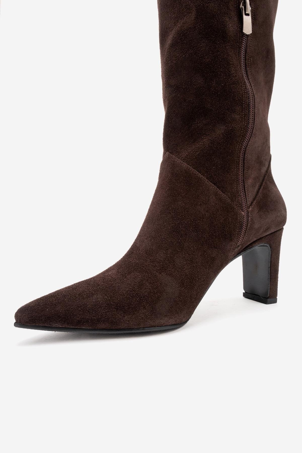 MERLA - Brown Suede Genuine Leather Block Heel Boot – pair view showing leather, suede, Vowalisse