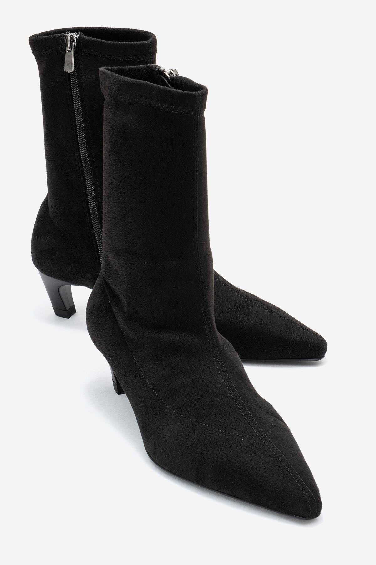 ALORA - Black Stretch Short Heel Boot – front three-quarter view showing suede, black, Vowalisse
