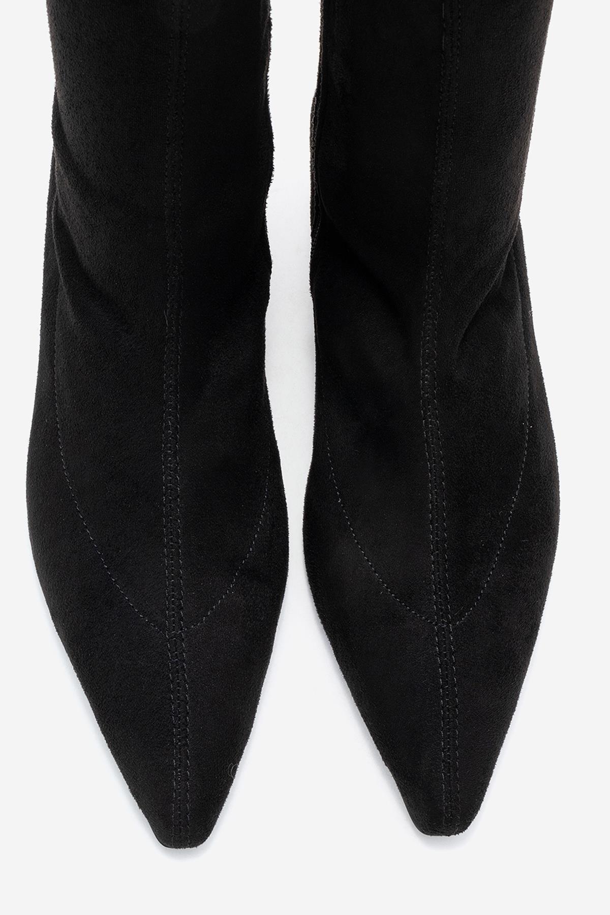 ALORA - Black Stretch Short Heel Boot – side view showing suede, black, Vowalisse
