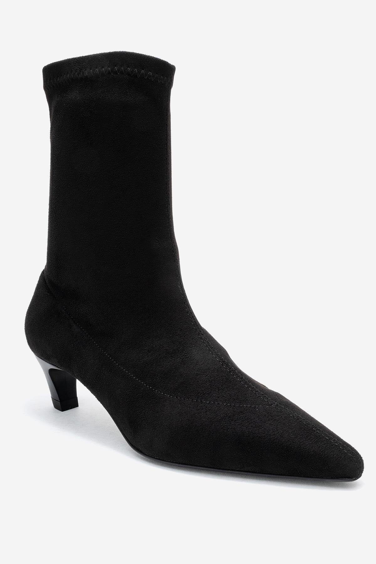 ALORA - Black Stretch Short Heel Boot – detail view showing suede, black, Vowalisse